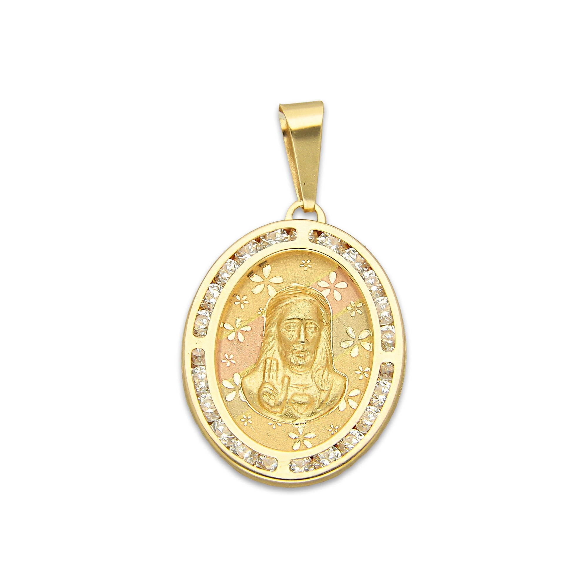 MR14DJ175 Dije Oro Sólido 14K EM Busto Sagrado Corazón Láser Florentino con Flores Láser Óvalo Bisel con Zirconias 1.7 cm x 3.1 cm