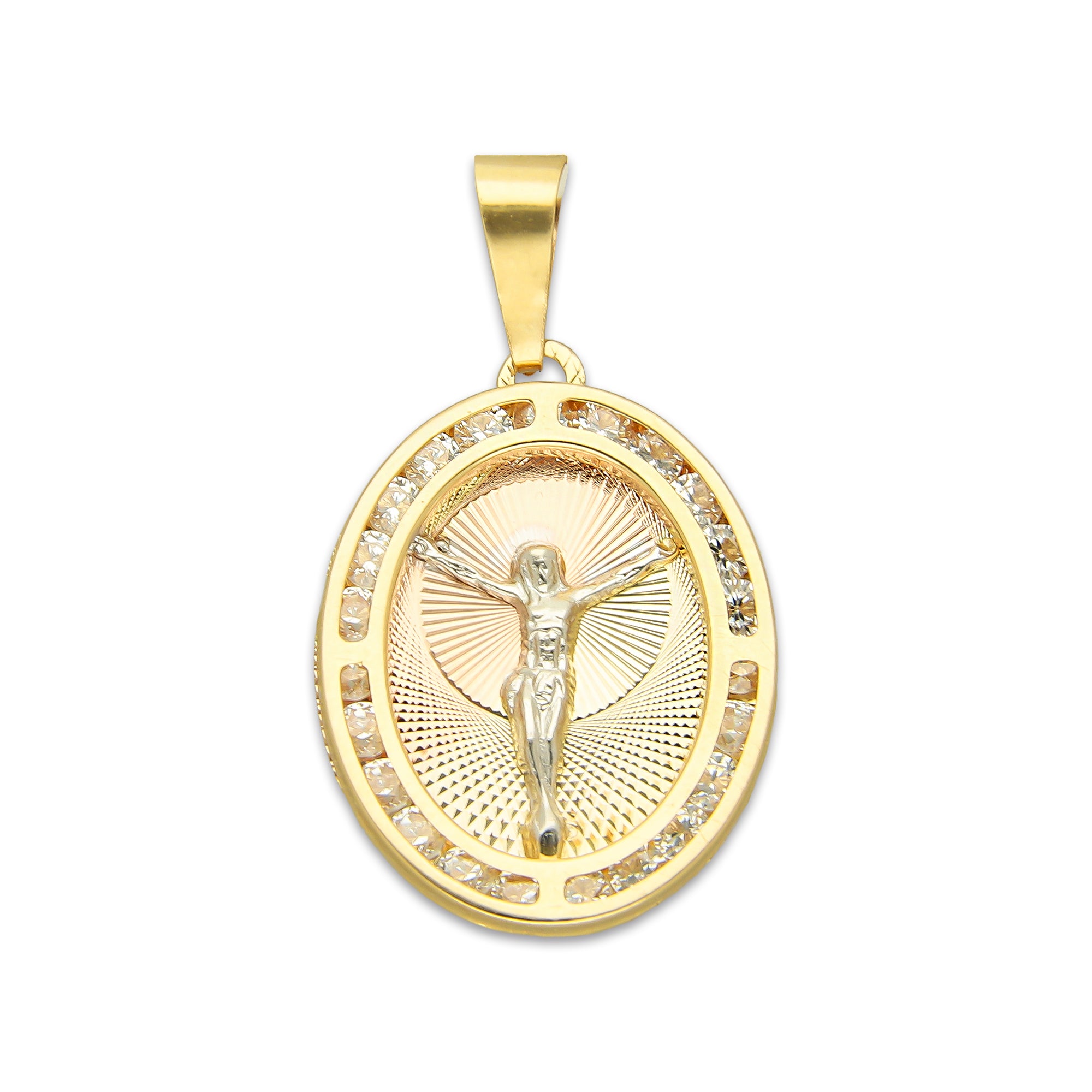 MR14DJ176 Dije Oro Sólido 14K EM Cristo Óvalo Bisel con Zirconias 1.7 cm x 3.1 cm