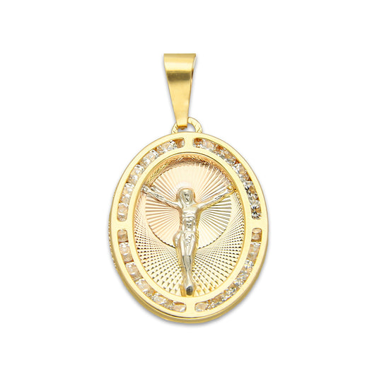MR14DJ176 Dije Oro Sólido 14K EM Cristo Óvalo Bisel con Zirconias 1.7 cm x 3.1 cm