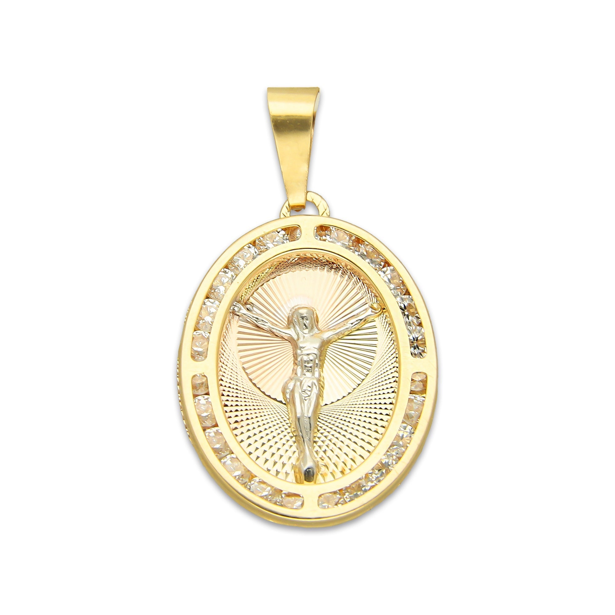 MR14DJ176 Dije Oro Sólido 14K EM Cristo Óvalo Bisel con Zirconias 1.7 cm x 3.1 cm