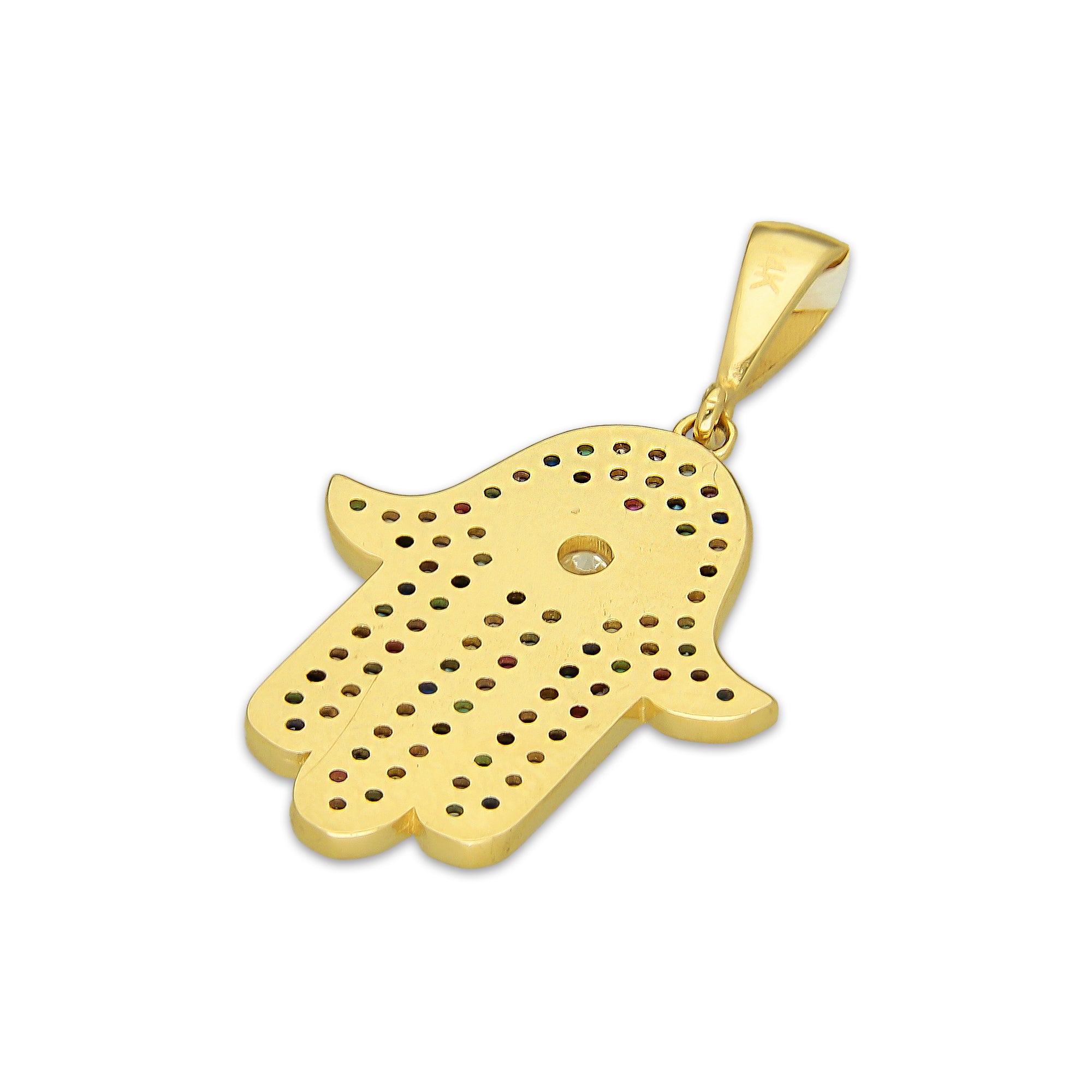 MR14DJ181 Dije Oro Sólido 14K EM Mano de Fatima Azul Ojo Azul Turqueza 1.8 cm x 3.1 cm