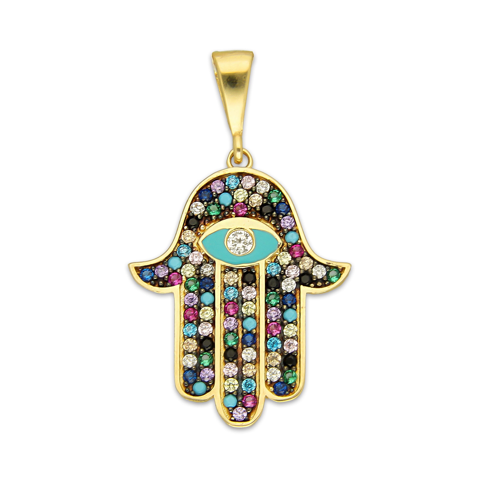 MR14DJ181 Dije Oro Sólido 14K EM Mano de Fatima Azul Ojo Azul Turqueza 1.8 cm x 3.1 cm
