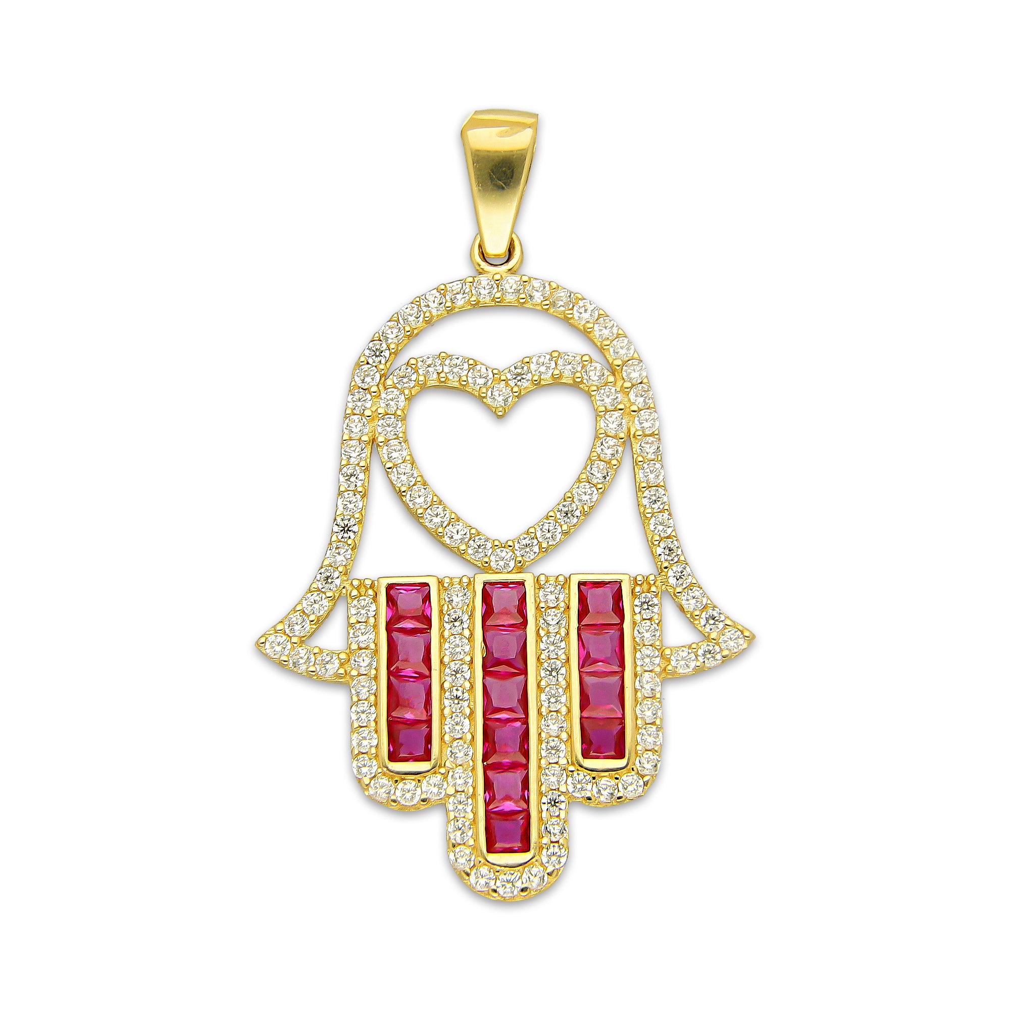 MR14DJ182 Dije Oro Sólido 14K EM Mano de Fatima Azul Centro Corazón 2.2 cm x 3.6 cm