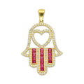 MR14DJ182 Dije Oro Sólido 14K EM Mano de Fatima Azul Centro Corazón 2.2 cm x 3.6 cm
