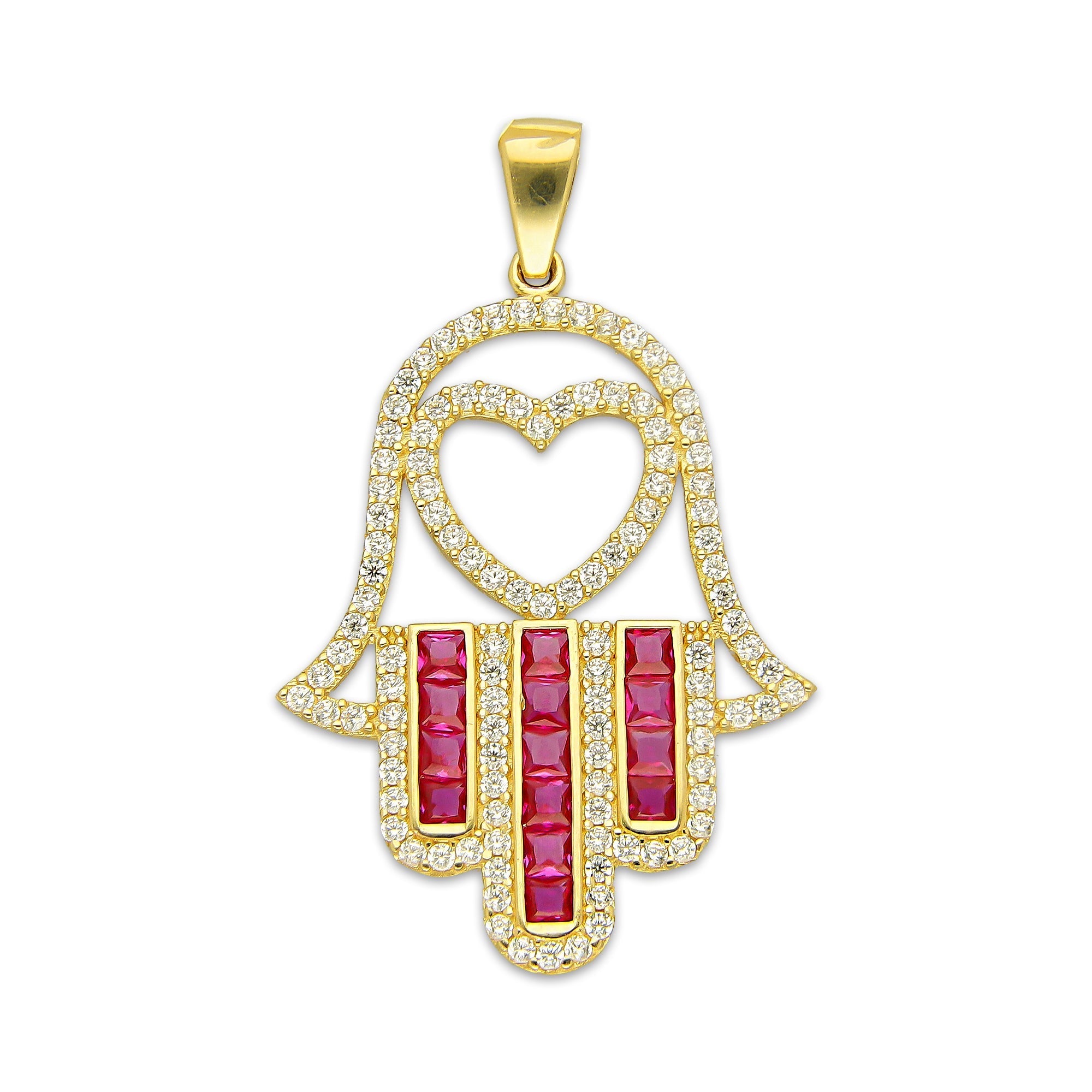 MR14DJ182 Dije Oro Sólido 14K EM Mano de Fatima Azul Centro Corazón 2.2 cm x 3.6 cm