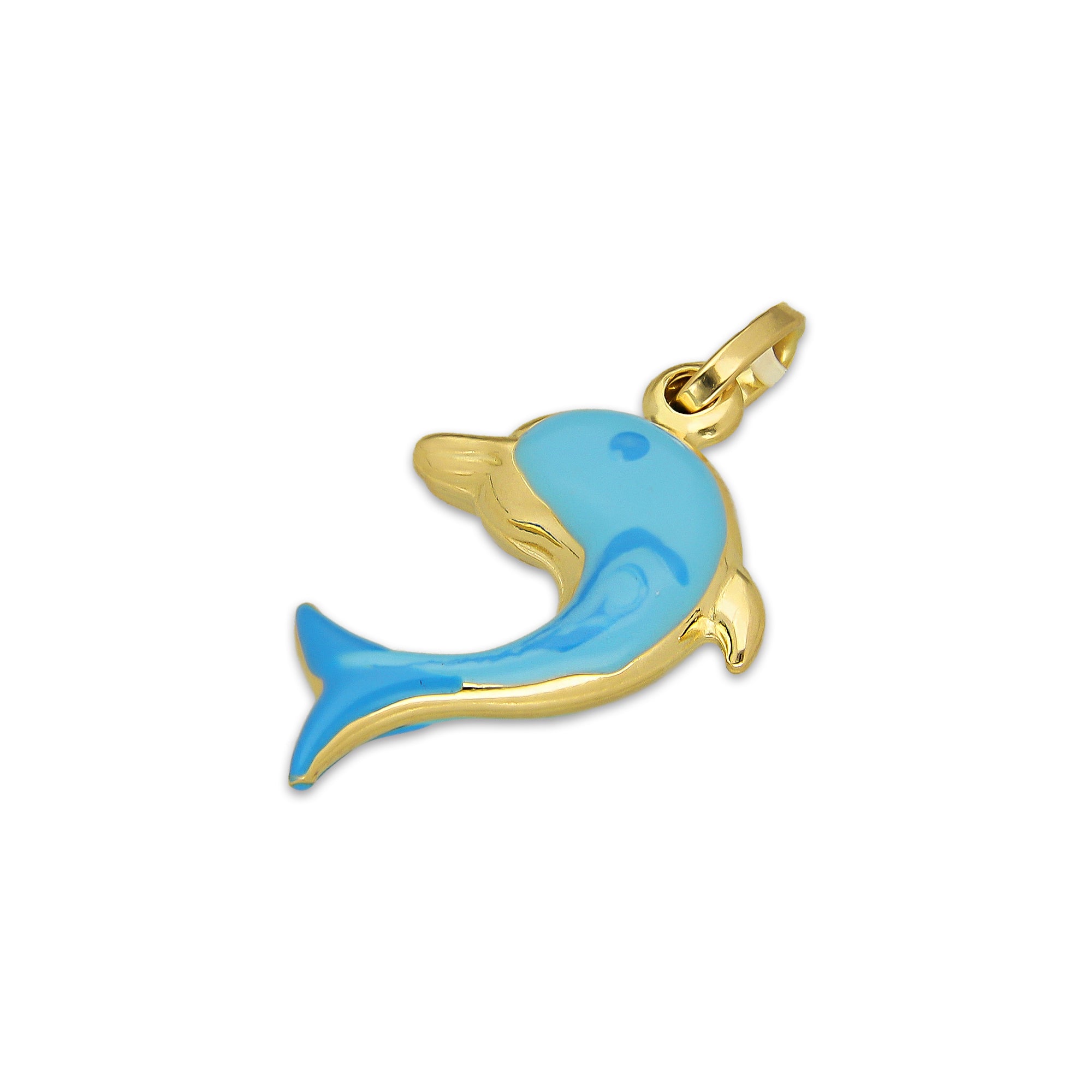 MR14DJ184 Dije Oro Sólido 14K EM Delfin Ópalo Azul 1.5 cm x 2.7 cm