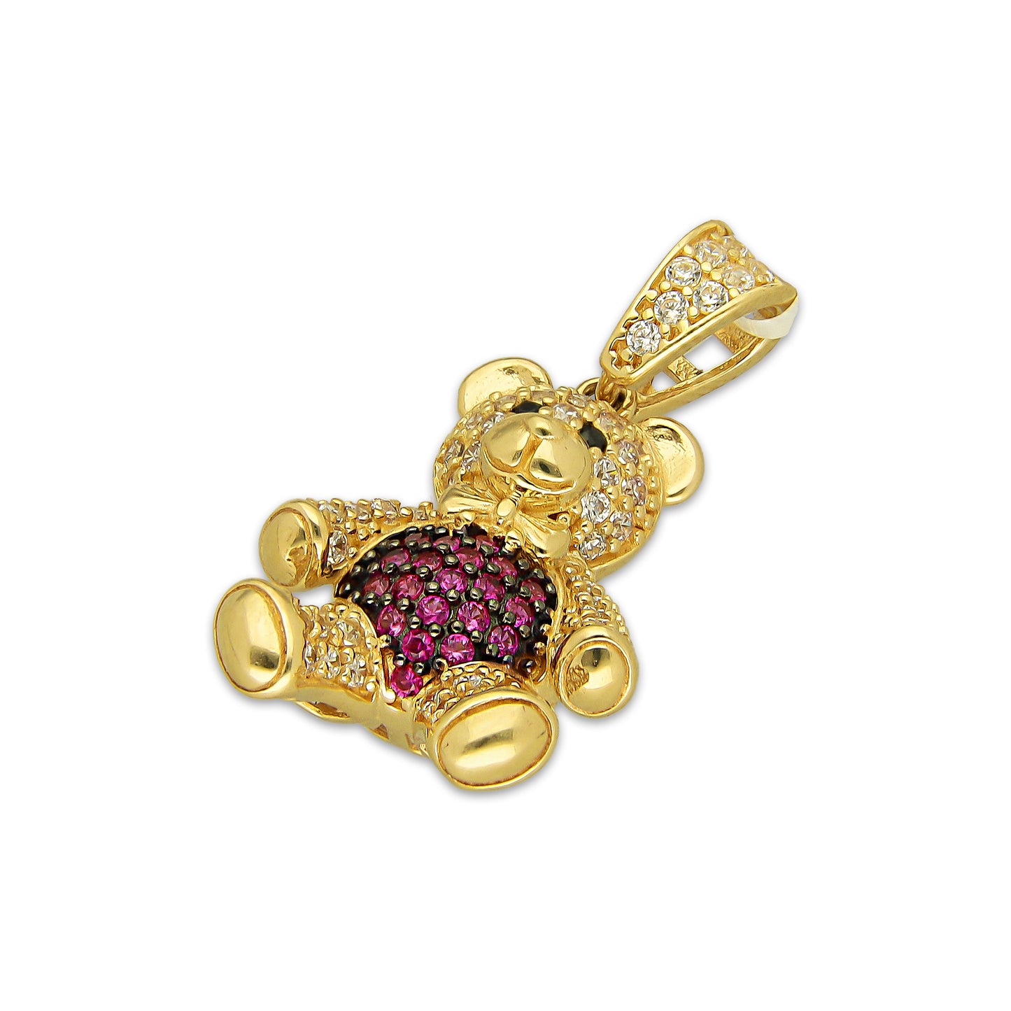 MR14DJ187 Dije Oro Sólido 14K EM Oso 3D Panza Rosa 1.5 cm x 2.9 cm