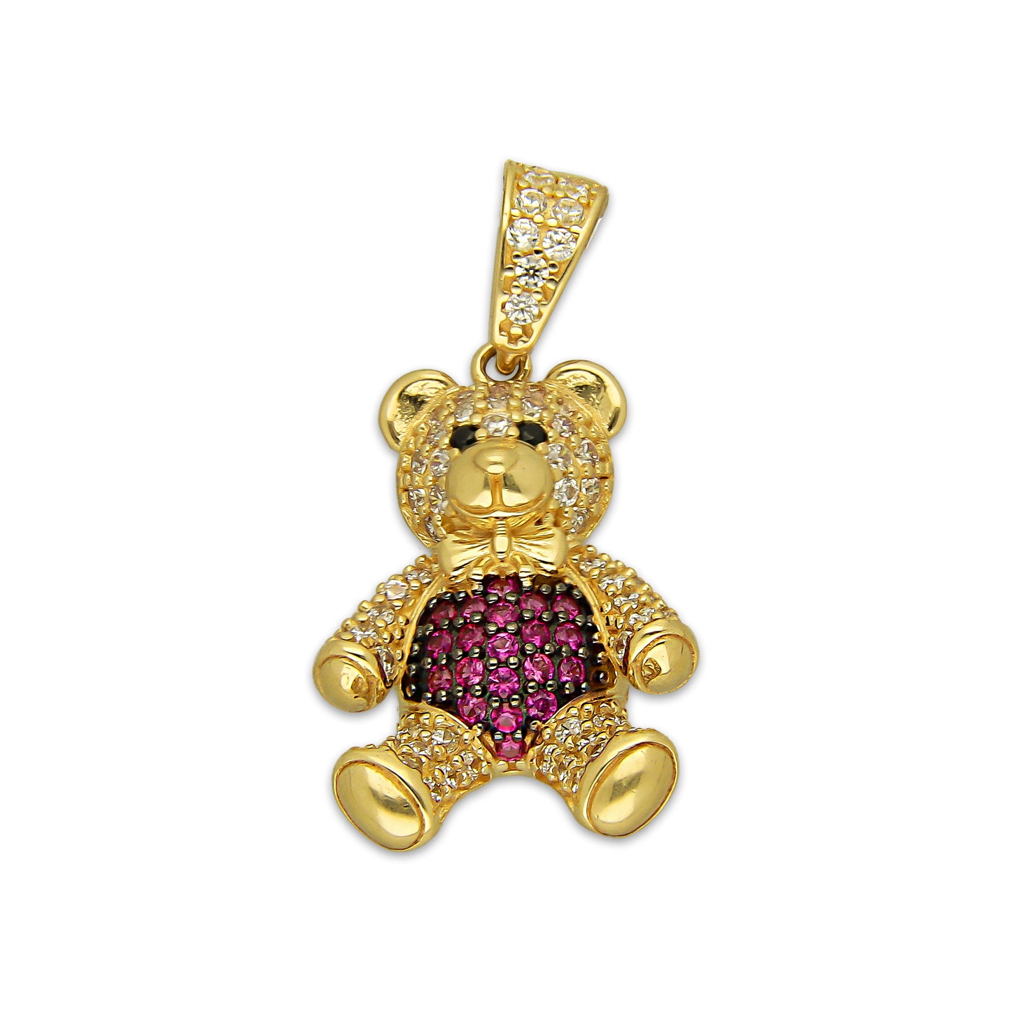 MR14DJ187 Dije Oro Sólido 14K EM Oso 3D Panza Rosa 1.5 cm x 2.9 cm