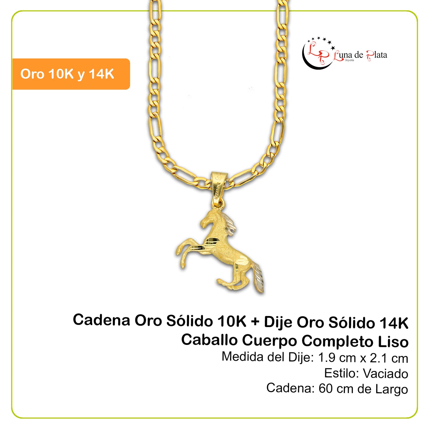 MR14DP002 Cadena Oro Sólido 10K + Dije Oro Sólido 14K Caballo Cuerpo Completo Liso 1.9 cm x 2.1 cm