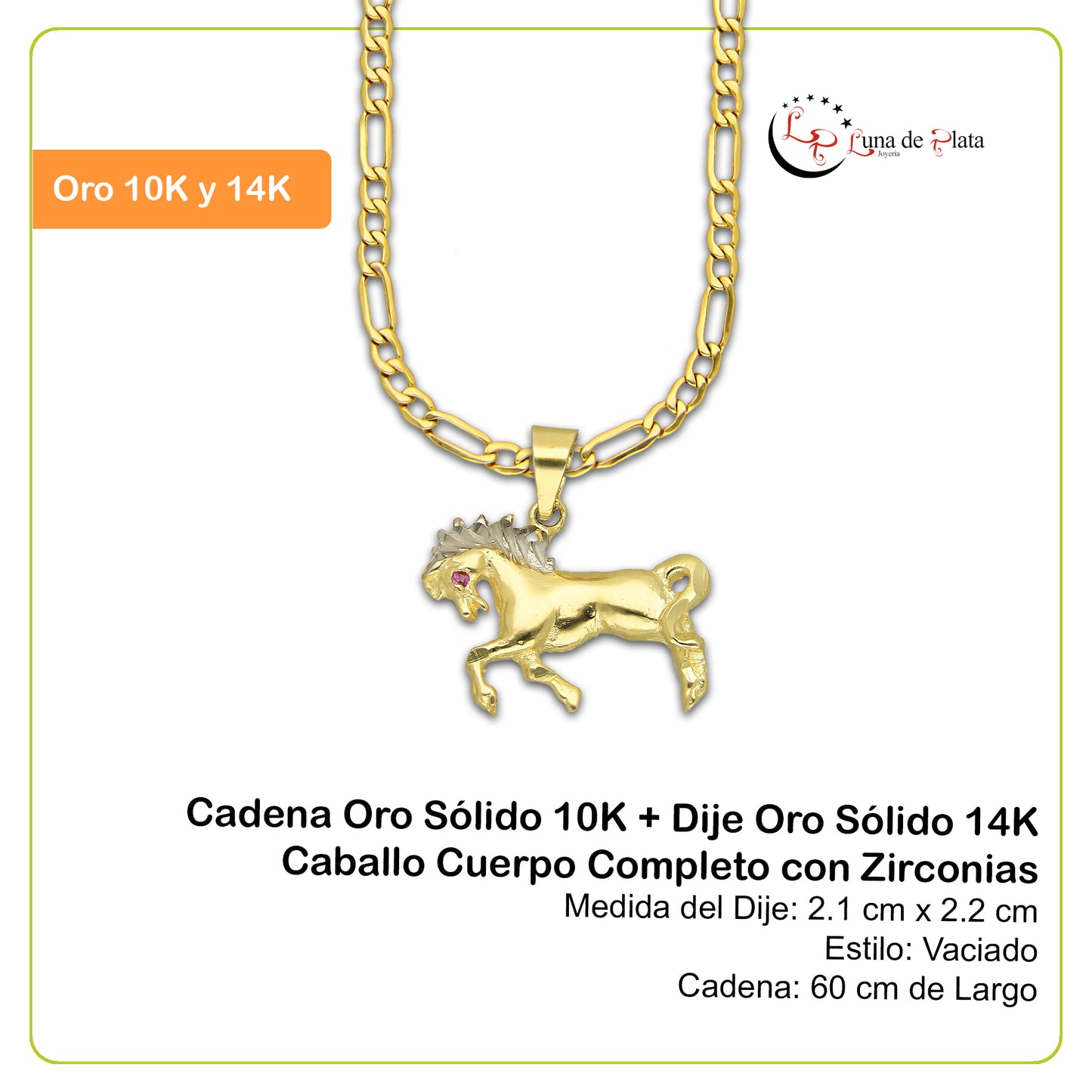 MR14DP003 Cadena Oro Sólido 10K + Dije Oro Sólido 14K Caballo Cuerpo Completo con Zirconias 2.1 cm x 2.2 cm