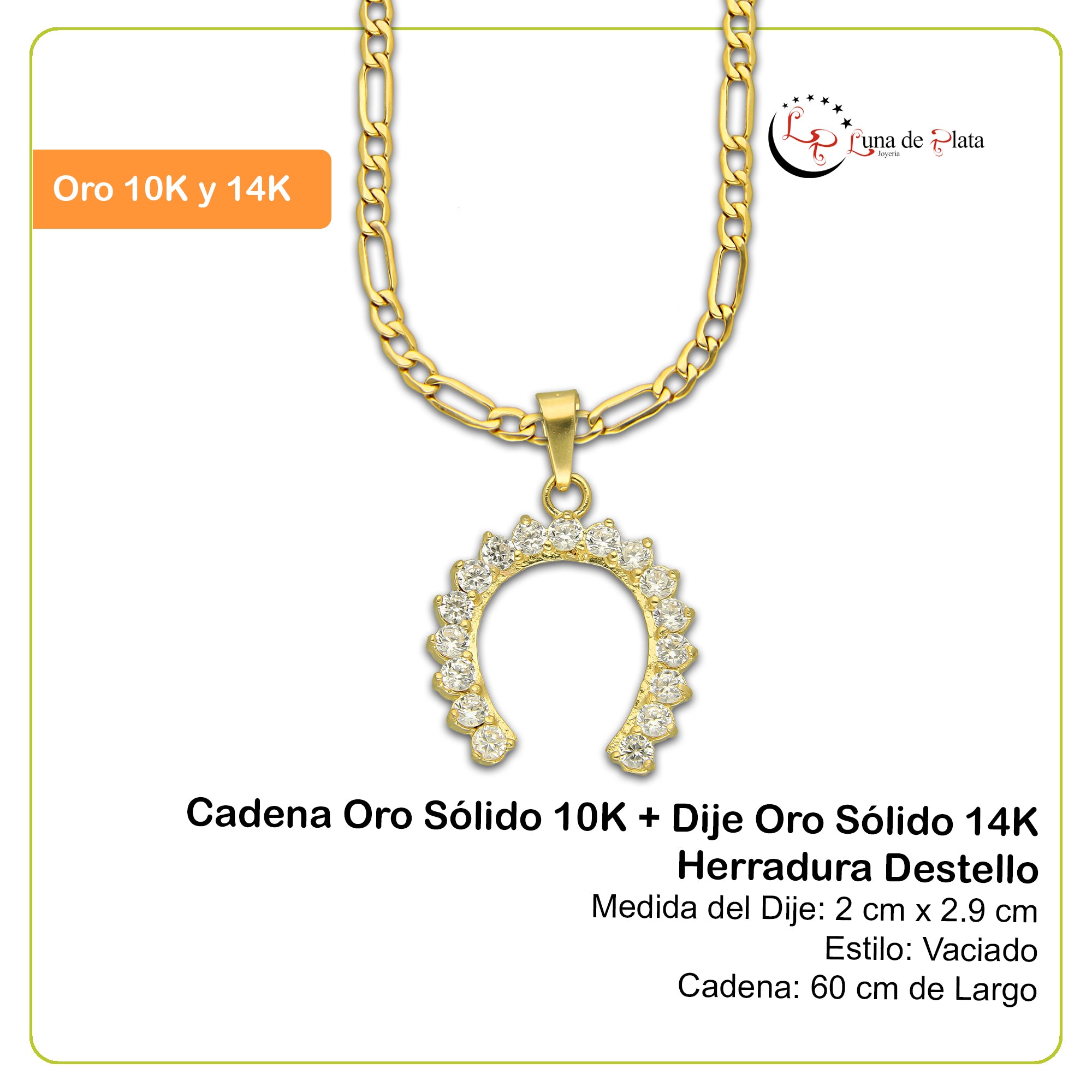 MR14DP006 Cadena Oro Sólido 10K + Dije Oro Sólido 14K Herradura Destello 2 cm x 2.9 cm