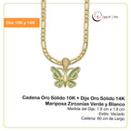 MR14DP010 Cadena Oro Sólido 10K + Dije Oro Sólido 14K Mariposa Zirconias Verde y Blanco 1.8 cm x 1.8 cm