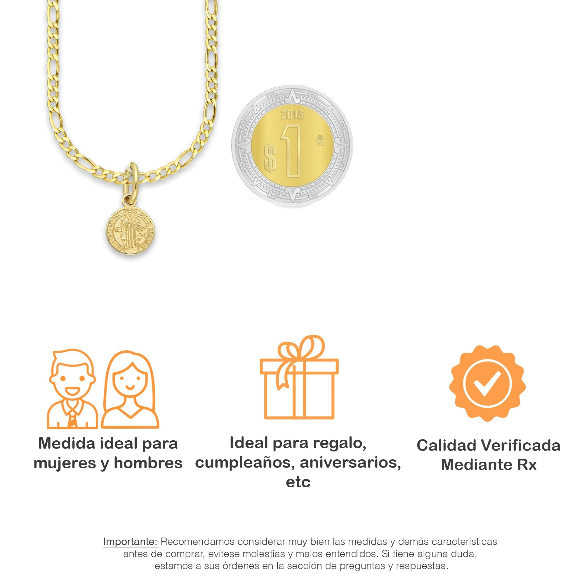 MR14DP013 Cadena Oro Sólido 10K + Dije Oro Sólido 14K EM Mod Medalla de San Benito Doble Vista Diámetro .45 cm