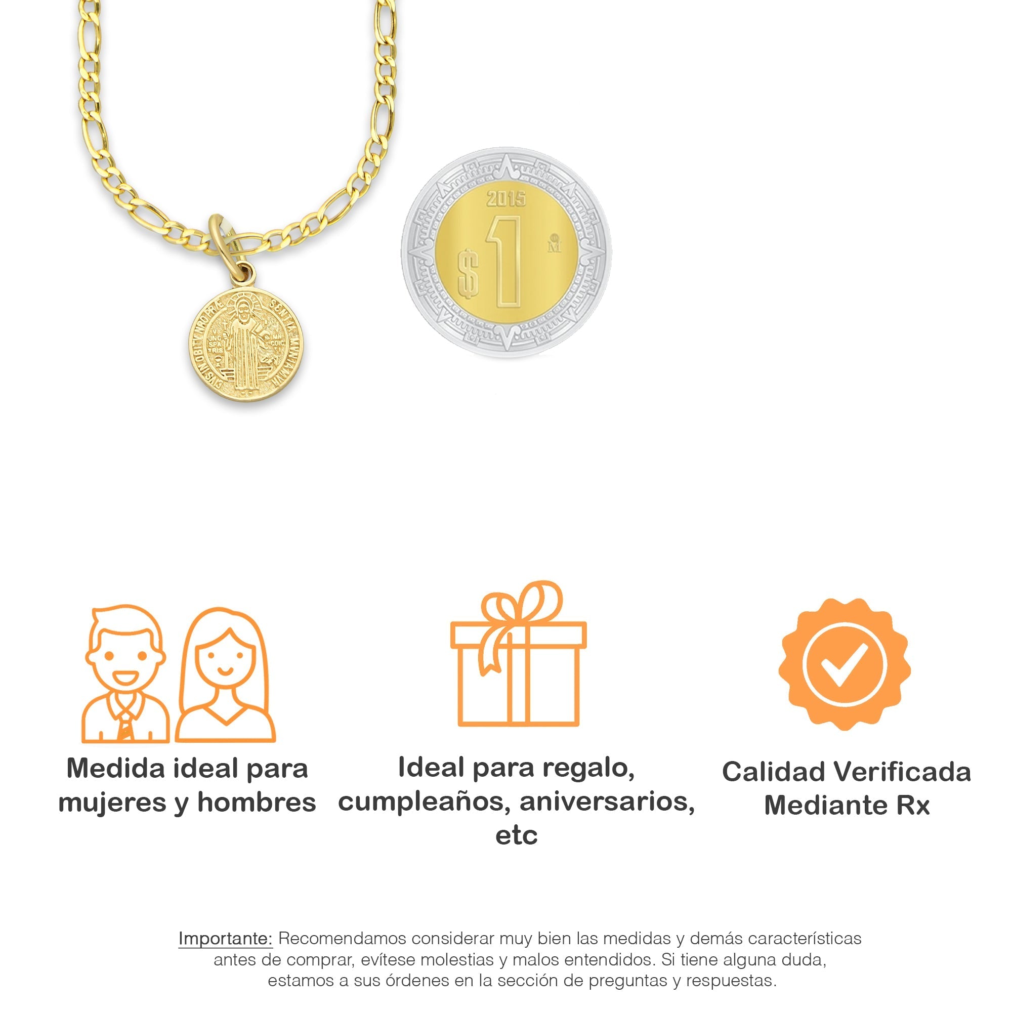 MR14DP014 Cadena Oro Sólido 10K + Dije Oro Sólido 14K EM Mod Medalla de San Benito Doble Vista Diámetro 1.1 cm