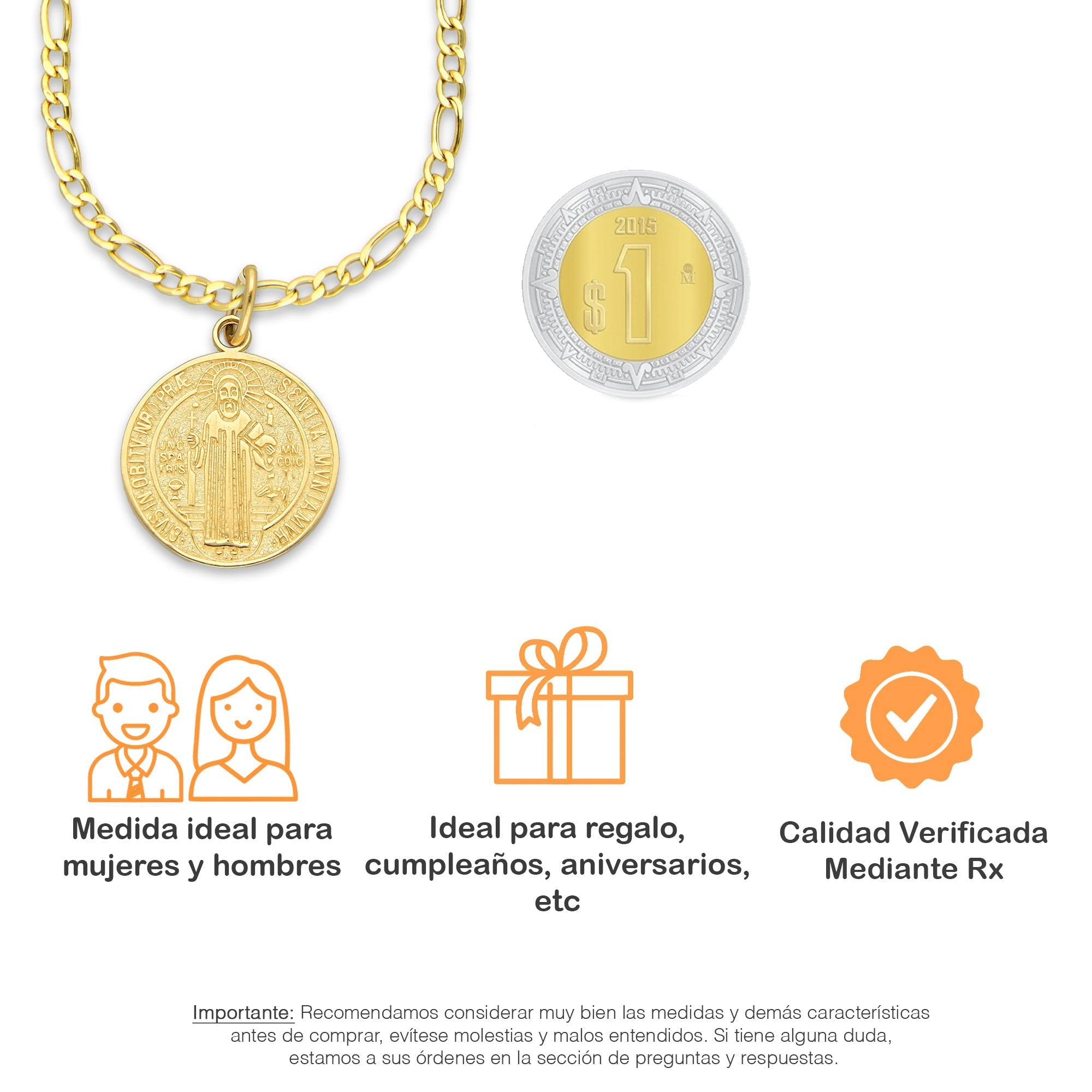 MR14DP016 Cadena Oro Sólido 10K + Dije Oro Sólido 14K EM Mod Medalla de San Benito Doble Vista Diámetro 1.9 cm