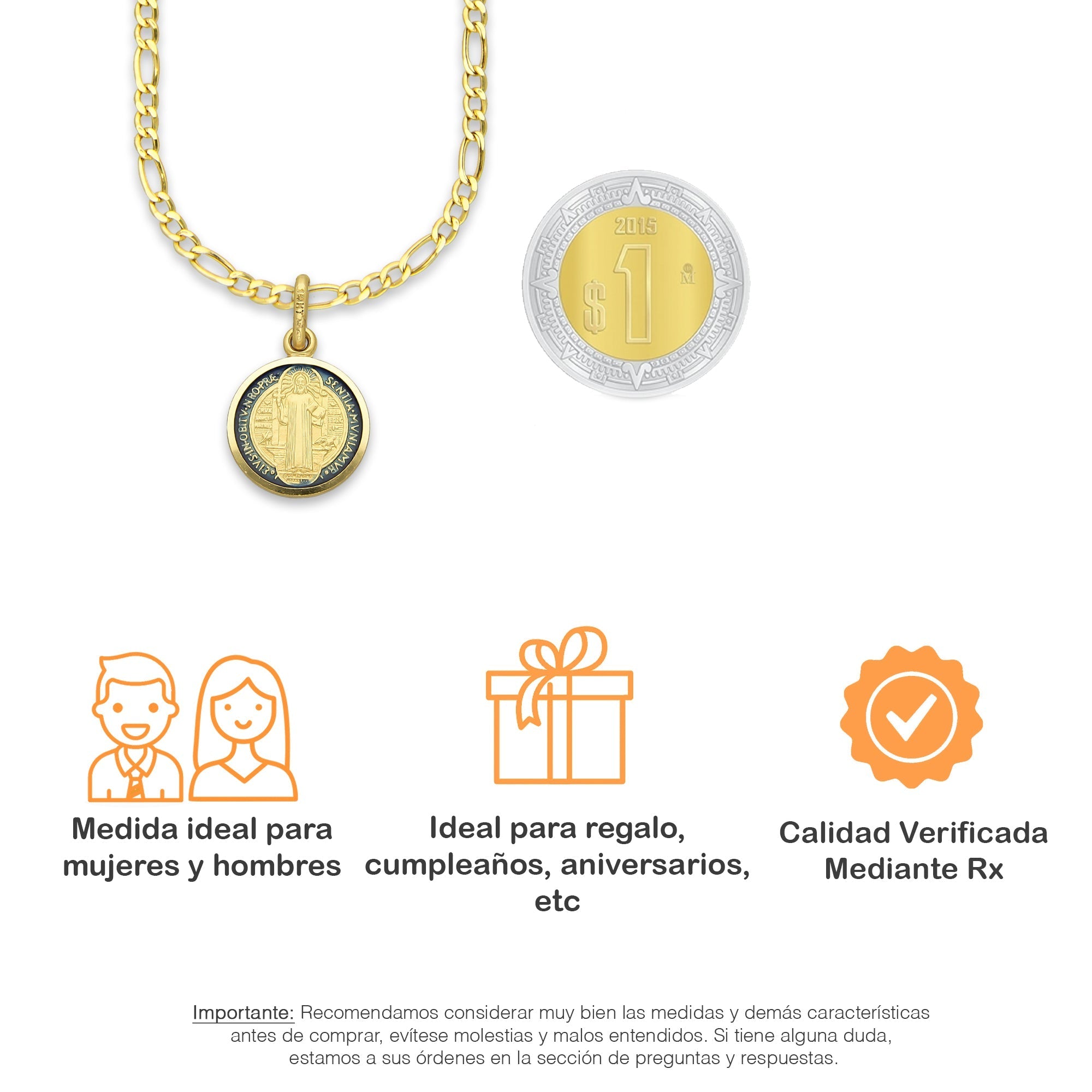 MR14DP018 Cadena Oro Sólido 10K + Dije Oro Sólido 14K EM Mod Medalla de San Benito Doble Vista Esmaltada Diámetro 1.3 cm