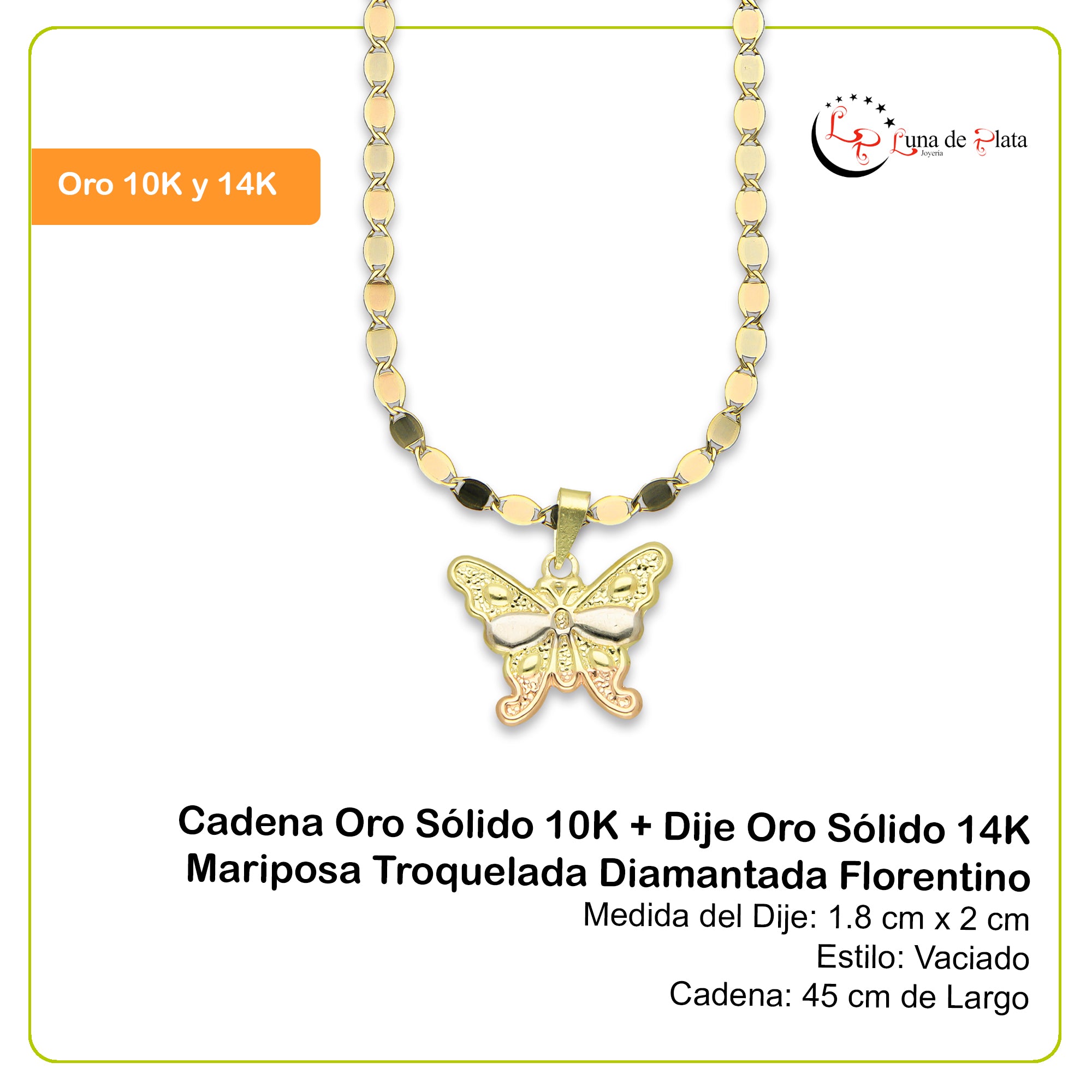 MR14DP020 Cadena Oro Sólido 10K + Dije Oro Sólido 14K Mariposa Troquelada Diamantada Florentino 1.8 cm x 2 cm