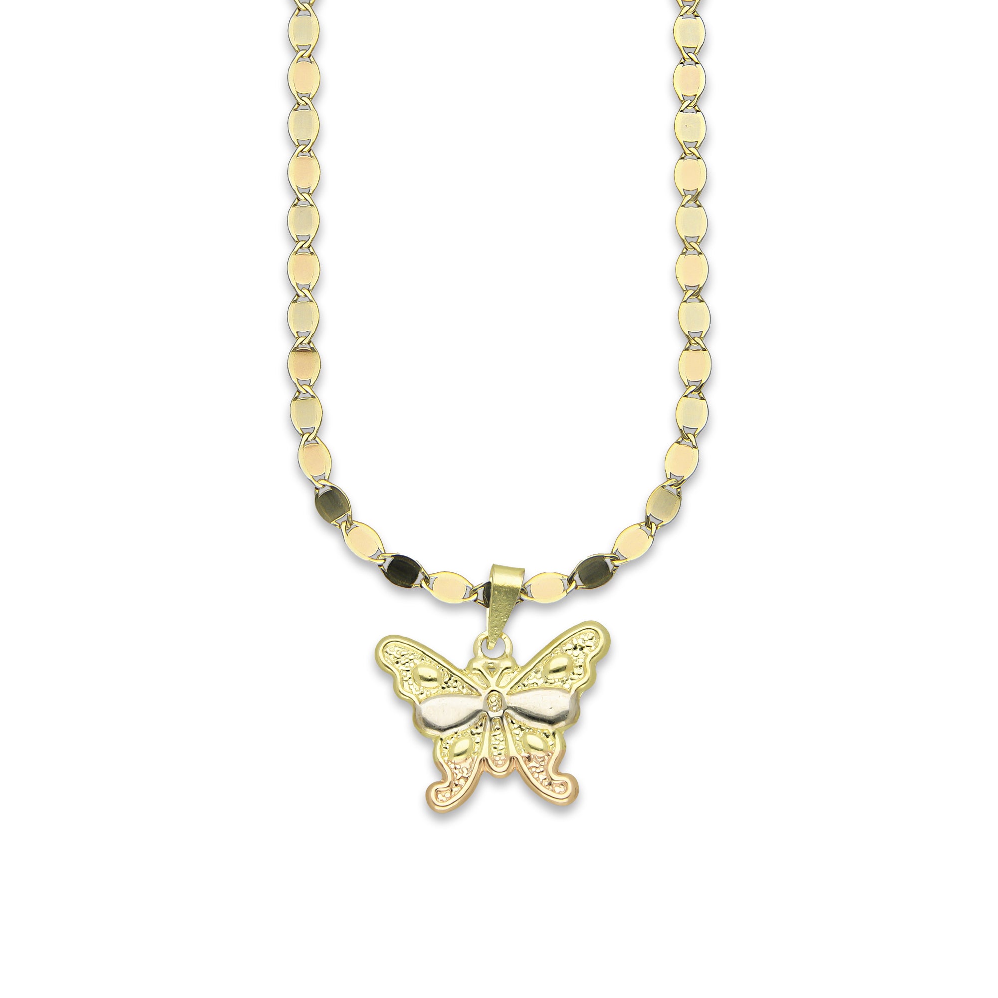 MR14DP020 Cadena Oro Sólido 10K + Dije Oro Sólido 14K Mariposa Troquelada Diamantada Florentino 1.8 cm x 2 cm
