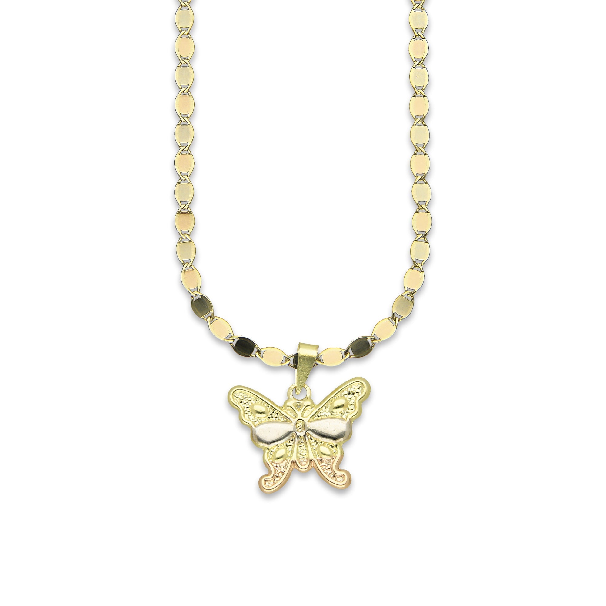 MR14DP020 Cadena Oro Sólido 10K + Dije Oro Sólido 14K Mariposa Troquelada Diamantada Florentino 1.8 cm x 2 cm