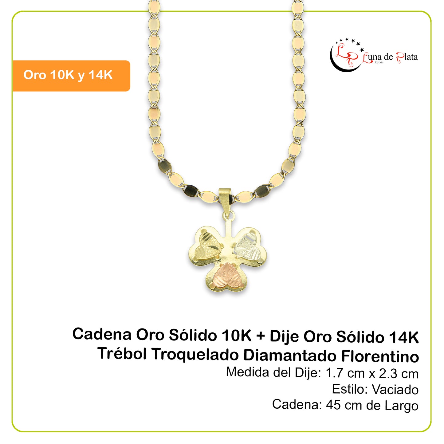 MR14DP022 Cadena Oro Sólido 10K + Dije Oro Sólido 14K Trébol Troquelado Diamantado Florentino 1.7 cm x 2.3 cm