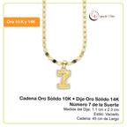 MR14DP065 Cadena Oro Sólido 10K + Dije Oro Sólido 14K Número 7 de la Suerte 1.1 cm x 2.3 cm