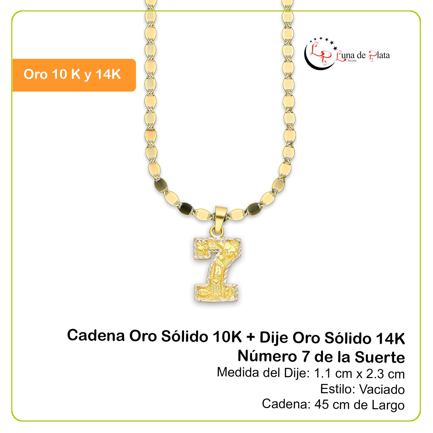 MR14DP065 Cadena Oro Sólido 10K + Dije Oro Sólido 14K Número 7 de la Suerte 1.1 cm x 2.3 cm