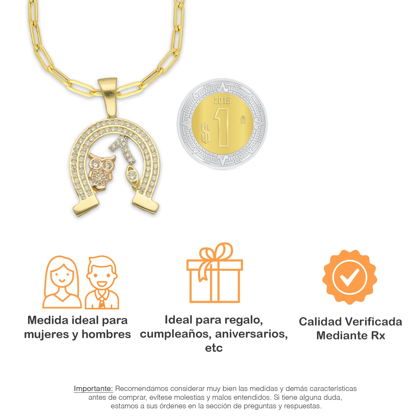 MR14DP066 Cadena Oro Sólido 10K + Dije Oro Sólido 14K EM Herradura de la Suerte con Zirconias 1.9 cm x 3 cm