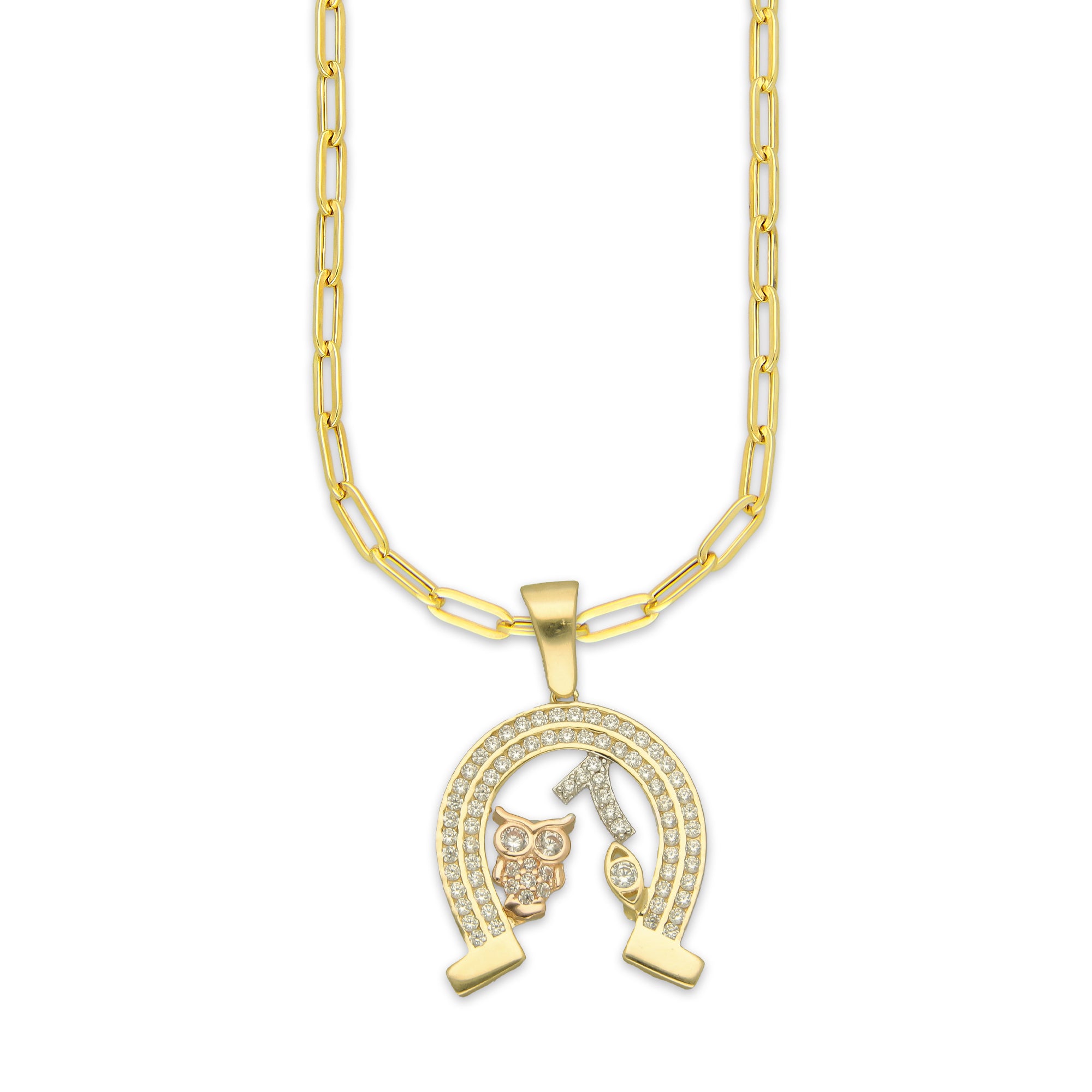 MR14DP066 Cadena Oro Sólido 10K + Dije Oro Sólido 14K EM Herradura de la Suerte con Zirconias 1.9 cm x 3 cm