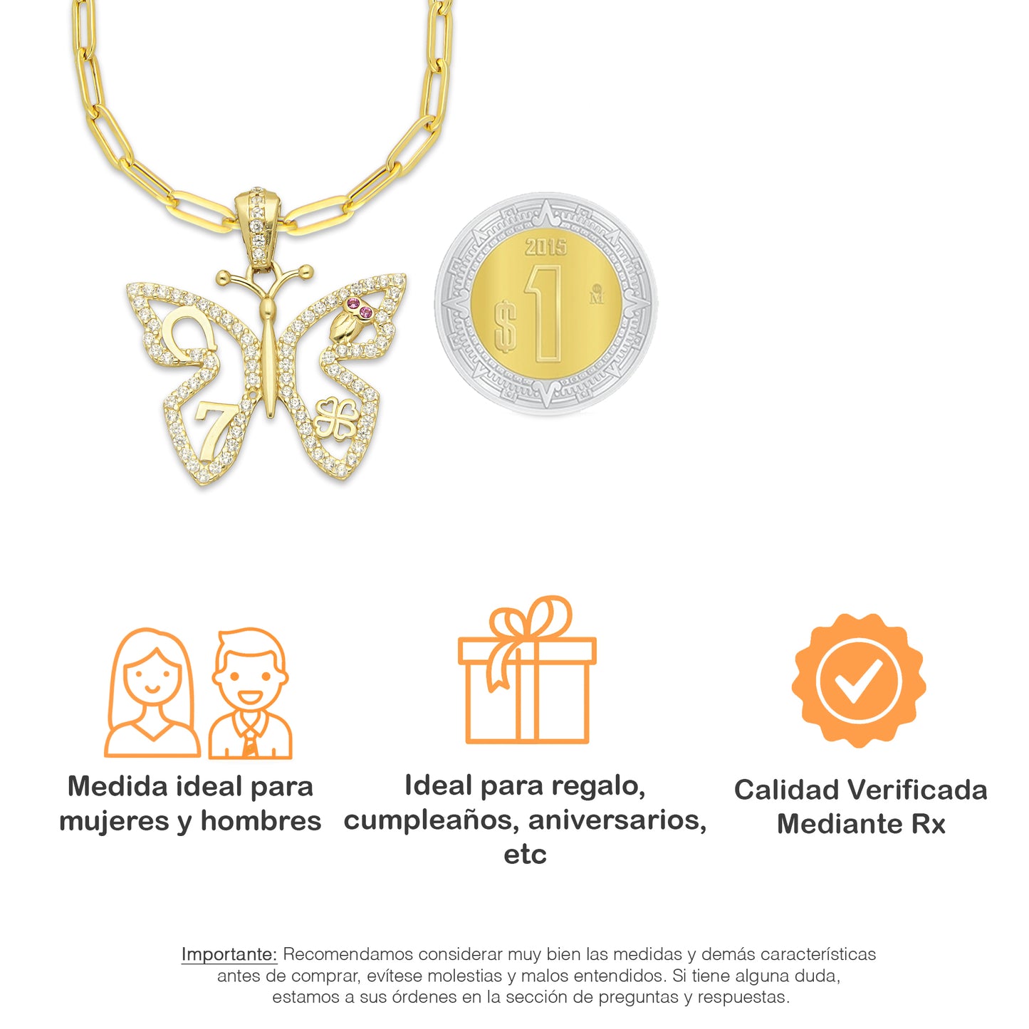 MR14DP067 Cadena Oro Sólido 10K + Dije Oro Sólido 14K EM Mariposa de la Suerte con Zirconias 2.4 cm x 2.6 cm