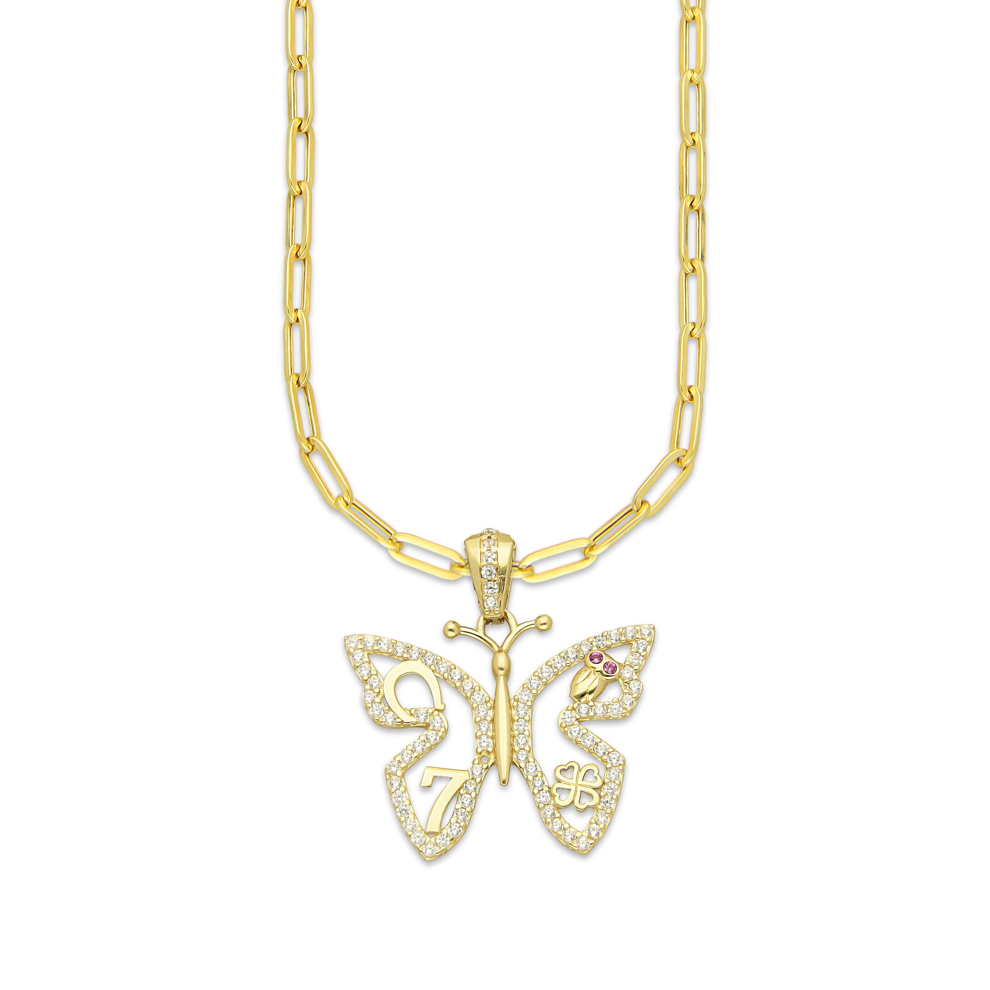 MR14DP067 Cadena Oro Sólido 10K + Dije Oro Sólido 14K EM Mariposa de la Suerte con Zirconias 2.4 cm x 2.6 cm