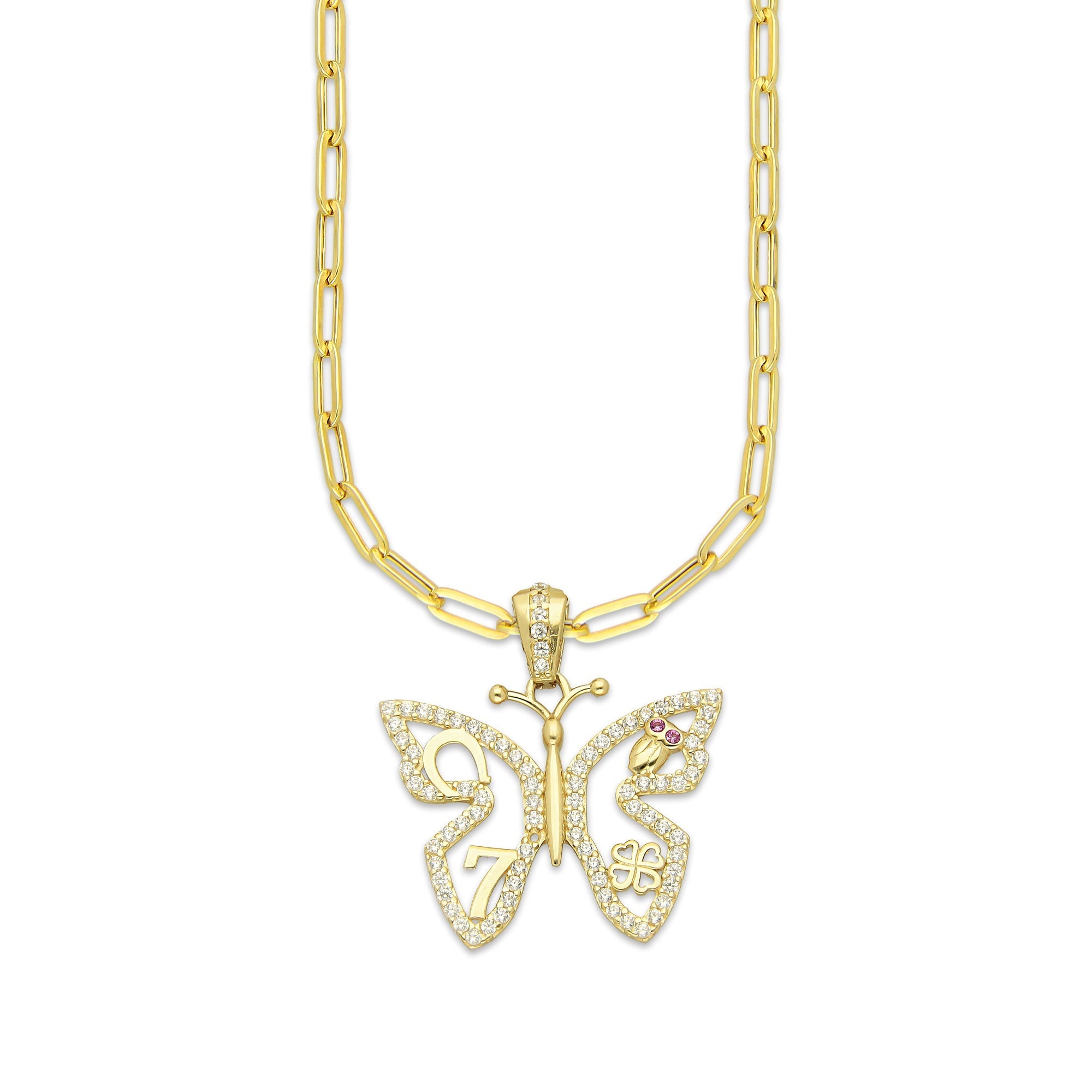 MR14DP067 Cadena Oro Sólido 10K + Dije Oro Sólido 14K EM Mariposa de la Suerte con Zirconias 2.4 cm x 2.6 cm