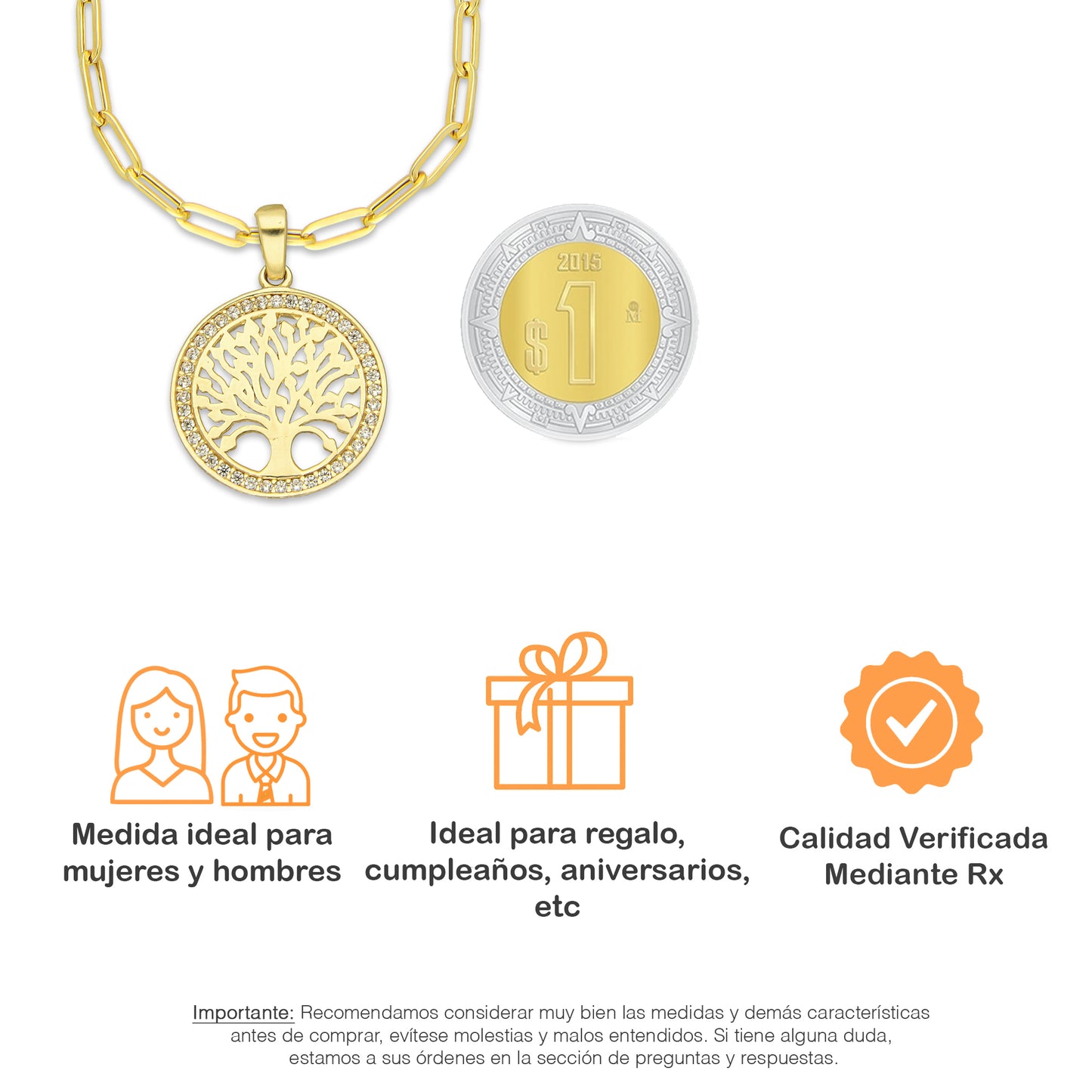 MR14DP069 Cadena Oro Sólido 10K + Dije Oro Sólido 14K EM Árbol de la Vida Bisel con Zirconias 1.6 cm x 2.3 cm