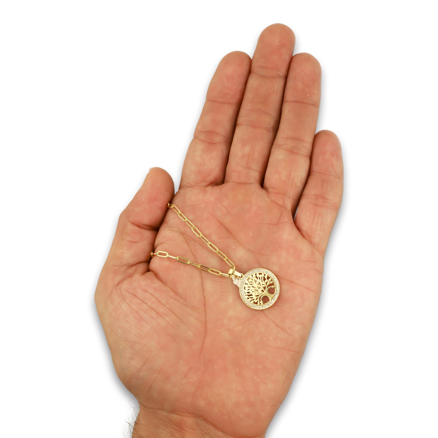MR14DP069 Cadena Oro Sólido 10K + Dije Oro Sólido 14K EM Árbol de la Vida Bisel con Zirconias 1.6 cm x 2.3 cm
