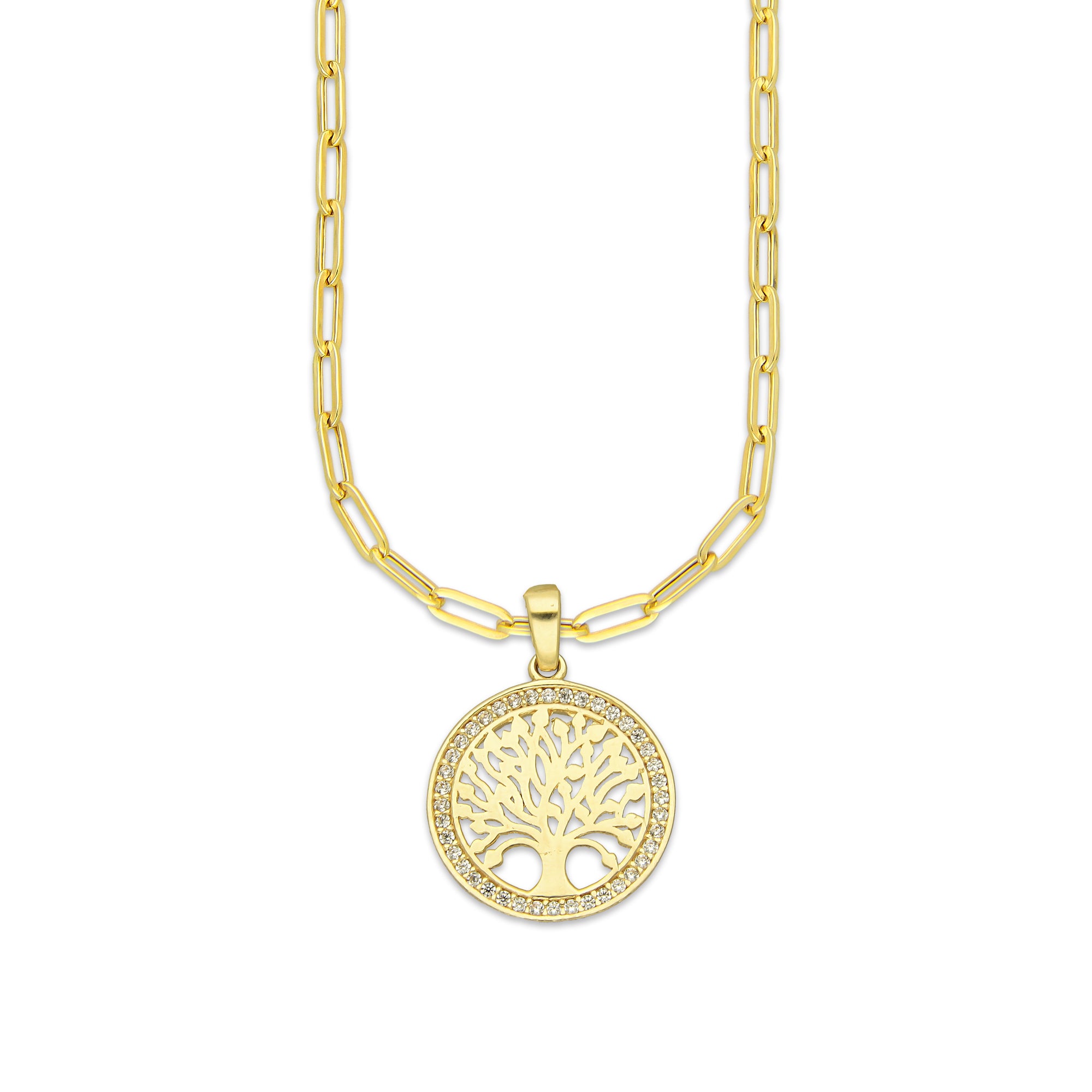 MR14DP069 Cadena Oro Sólido 10K + Dije Oro Sólido 14K EM Árbol de la Vida Bisel con Zirconias 1.6 cm x 2.3 cm