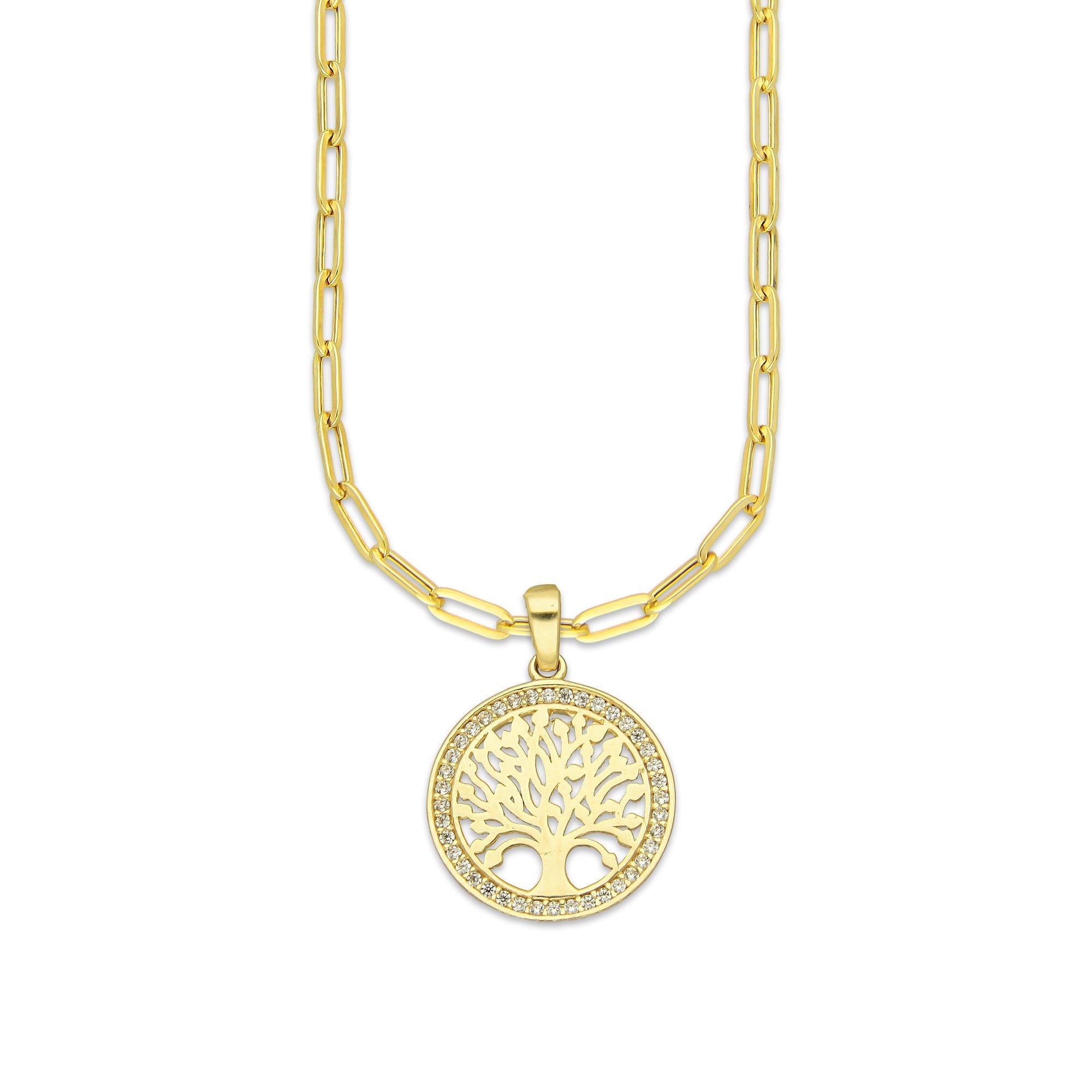 MR14DP069 Cadena Oro Sólido 10K + Dije Oro Sólido 14K EM Árbol de la Vida Bisel con Zirconias 1.6 cm x 2.3 cm