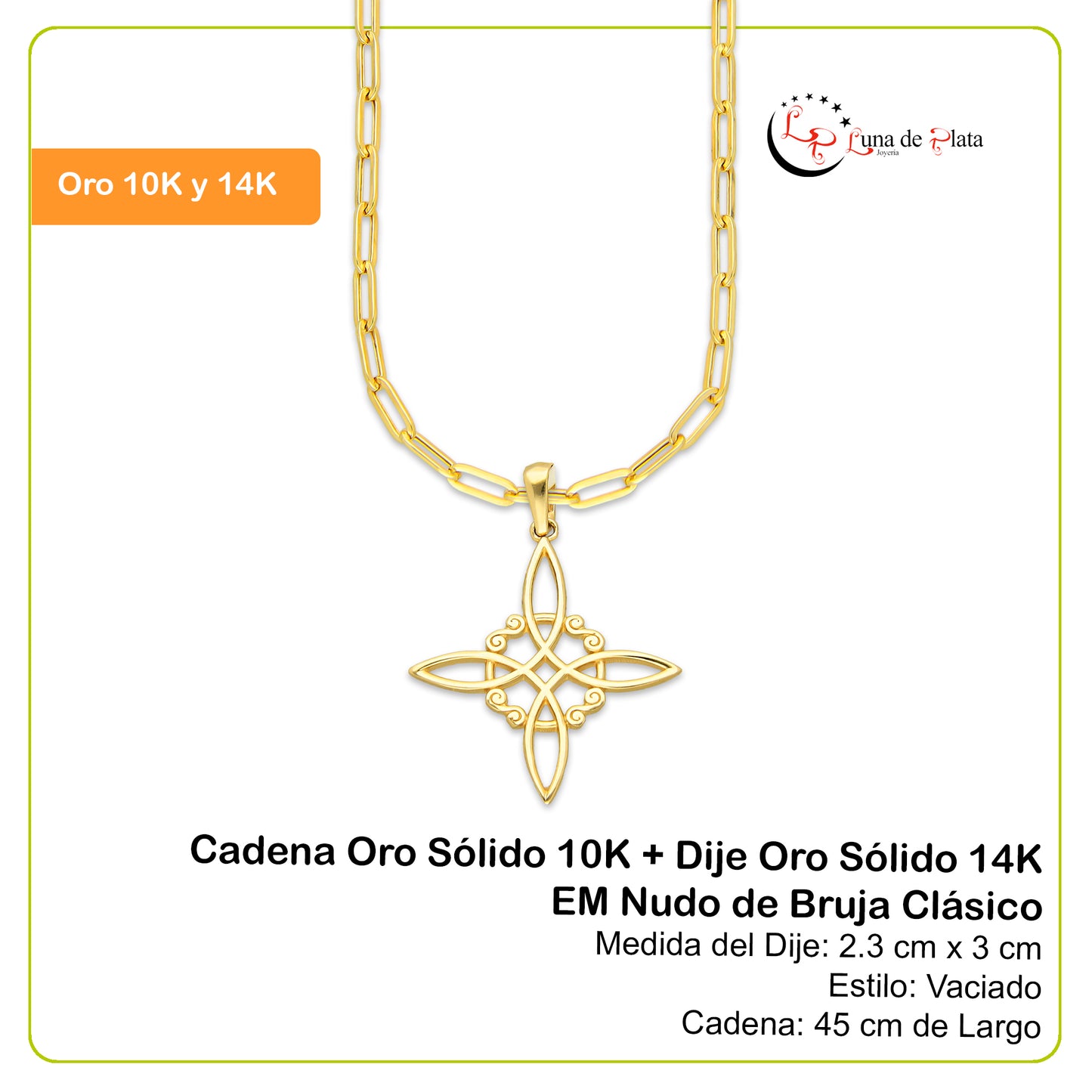 MR14DP070 Cadena Oro Sólido 10K + Dije Oro Sólido 14K EM Nudo de Bruja Clásico 2.3 cm x 3 cm