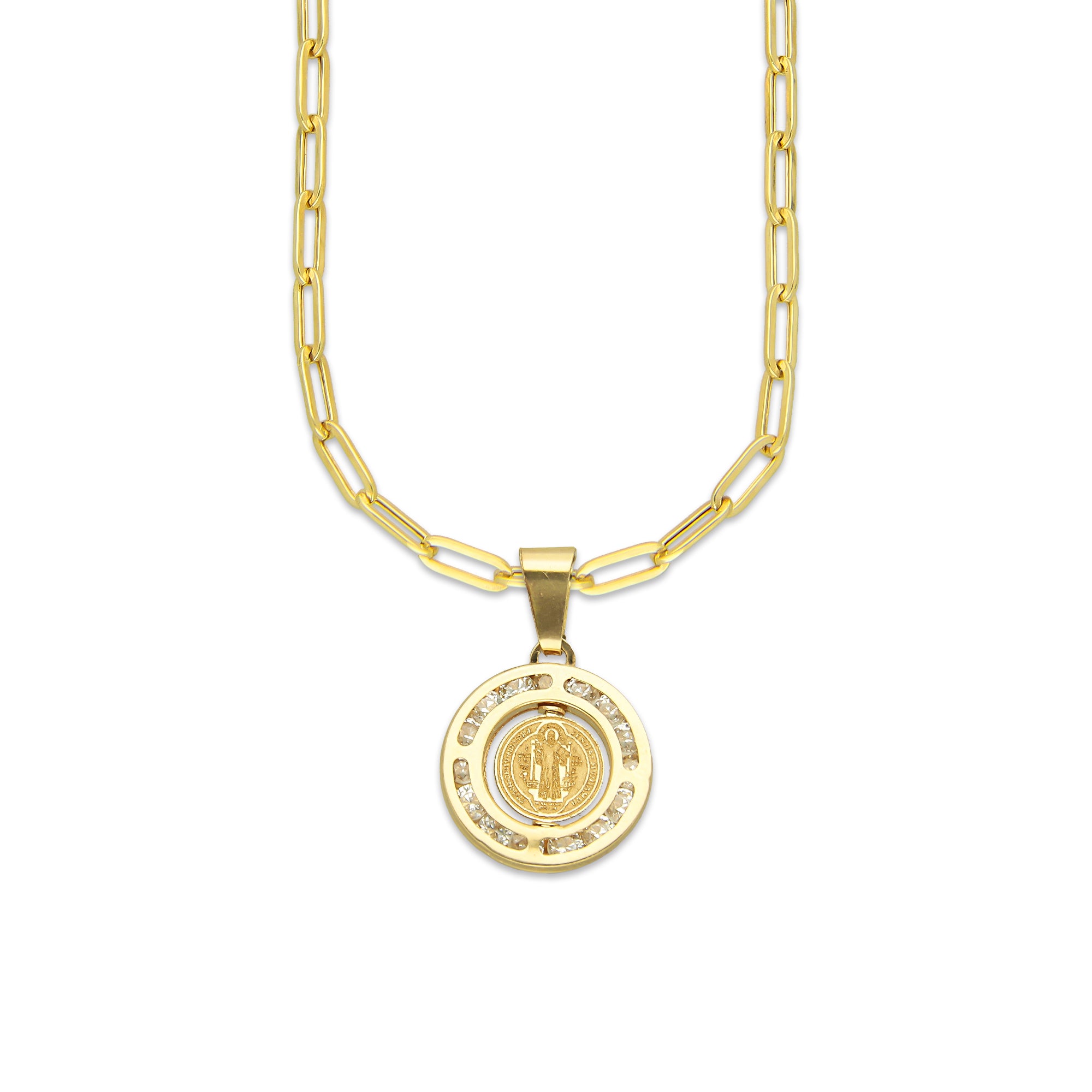 MR14DP074 Cadena Oro Sólido 10K + Dije Oro Sólido 14K EM San Benito Bisel con Zirconias 1.3 cm x 2.1 cm