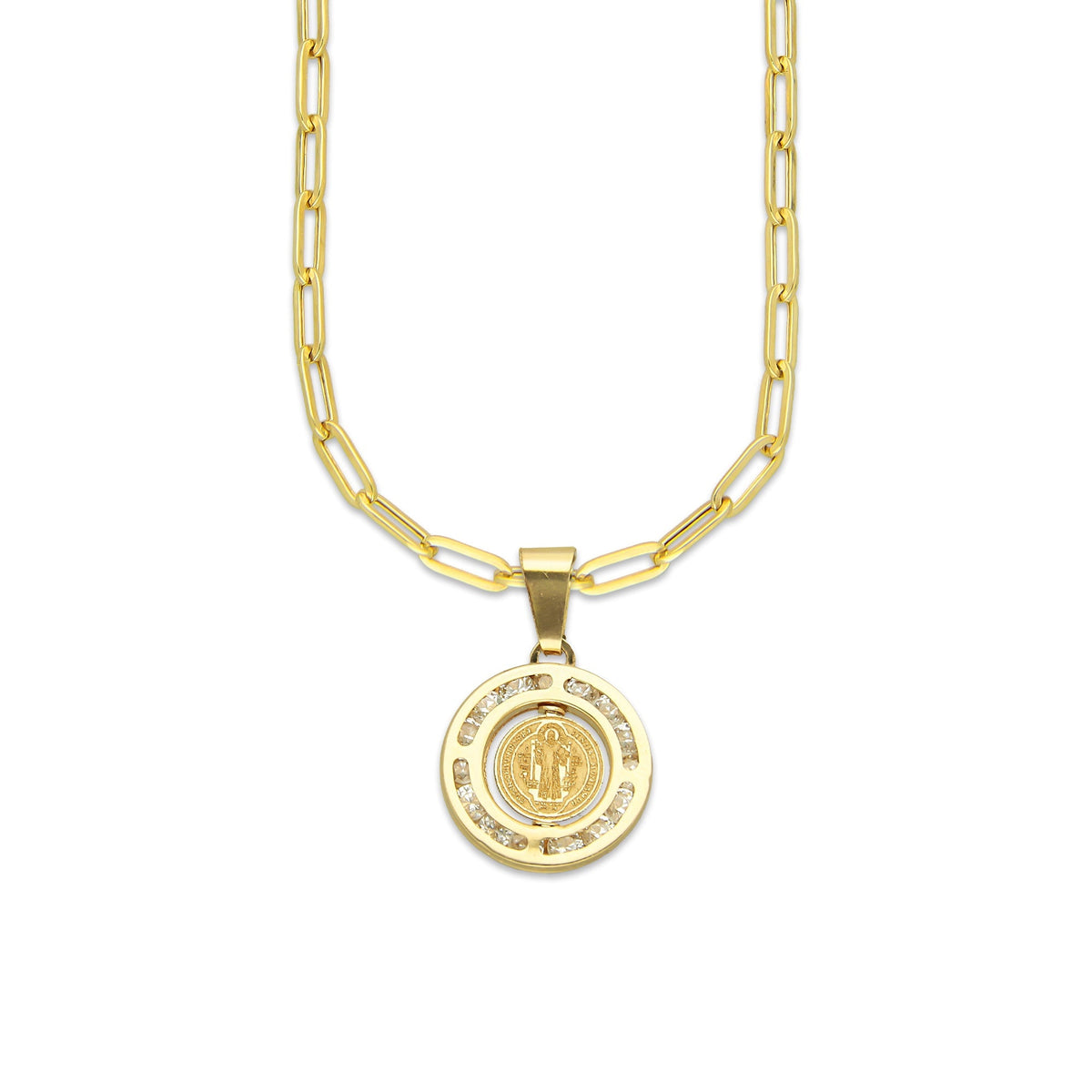 MR14DP074 Cadena Oro Sólido 10K + Dije Oro Sólido 14K EM San Benito Bisel con Zirconias 1.3 cm x 2.1 cm