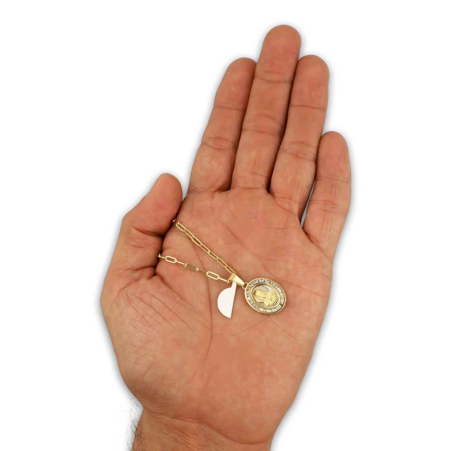 MR14DP075 Cadena Oro Sólido 10K + Dije Oro Sólido 14K EM Sagrado Corazón Ovalado con Zirconias 1.4 cm x 2.5 cm