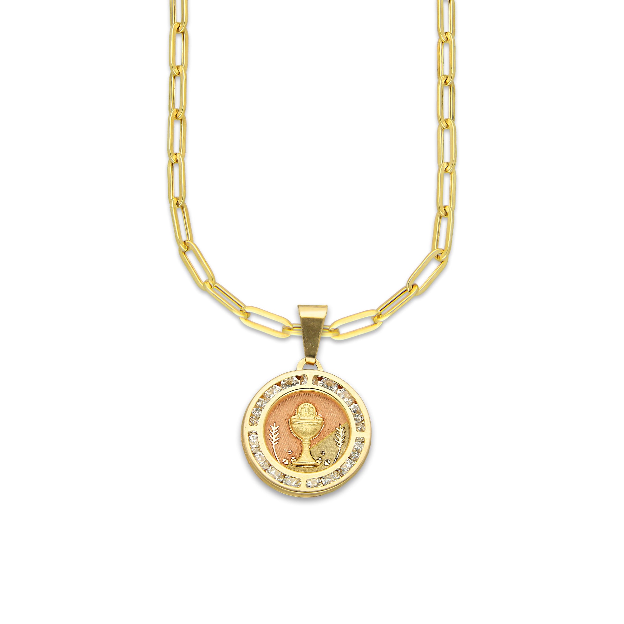 MR14DP076 Cadena Oro Sólido 10K + Dije Oro Sólido 14K EM Primera Comunión Redonda con Zirconias 1.5 cm x 2.3 cm