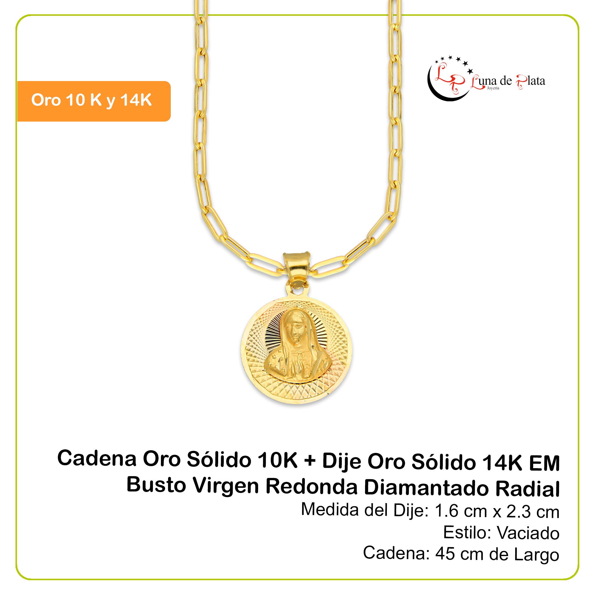 MR14DP077 Cadena Oro Sólido 10K + Dije Oro Sólido 14K EM Busto Virgen Redonda Diamantado Radial 1.6 cm x 2.3 cm