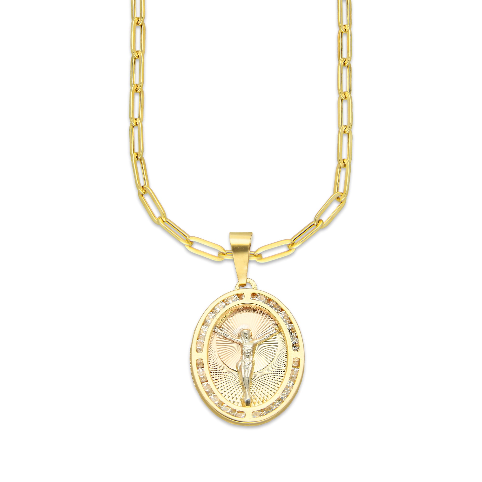 MR14DP079 Cadena Oro Sólido 10K + Dije Oro Sólido 14K EM Cristo Óvalo Bisel con Zirconias 1.7 cm x 3.1 cm