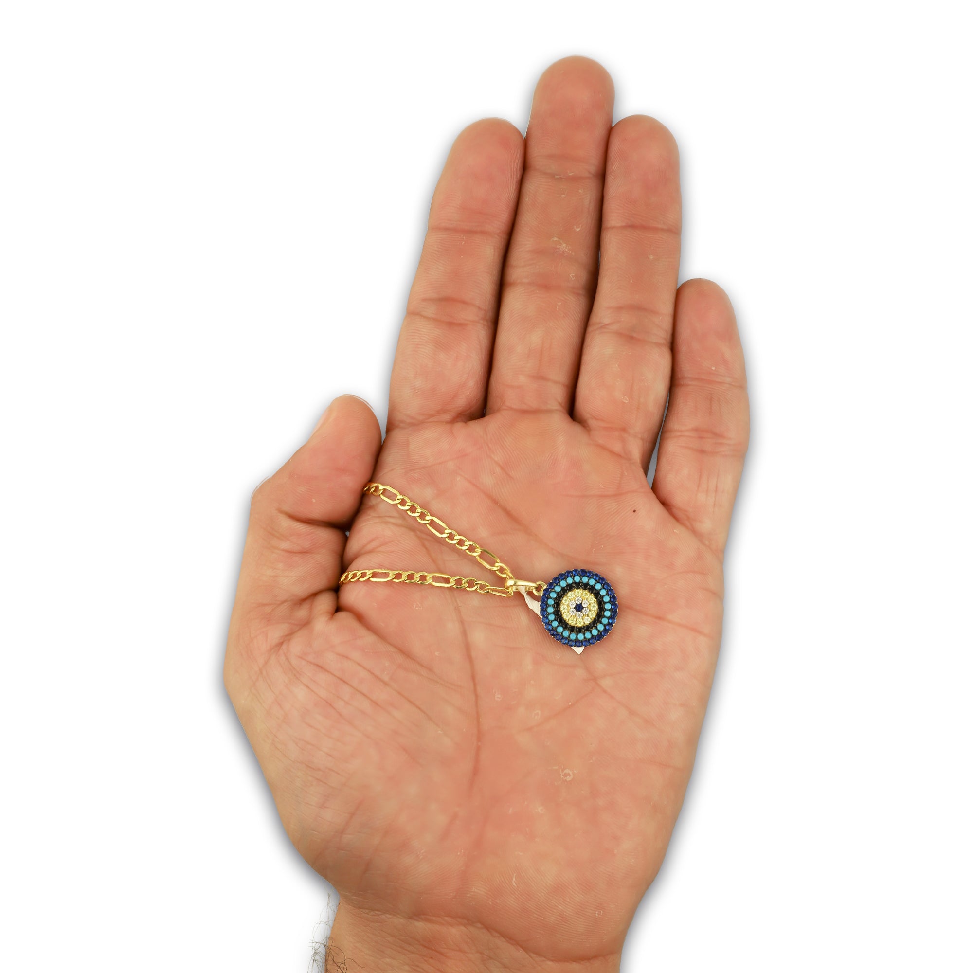 MR14DP082 Cadena Oro Sólido 10K + Dije Oro Sólido 14K EM Ojo Turco Orilla Azul 1.4 cm x 2.1 cm