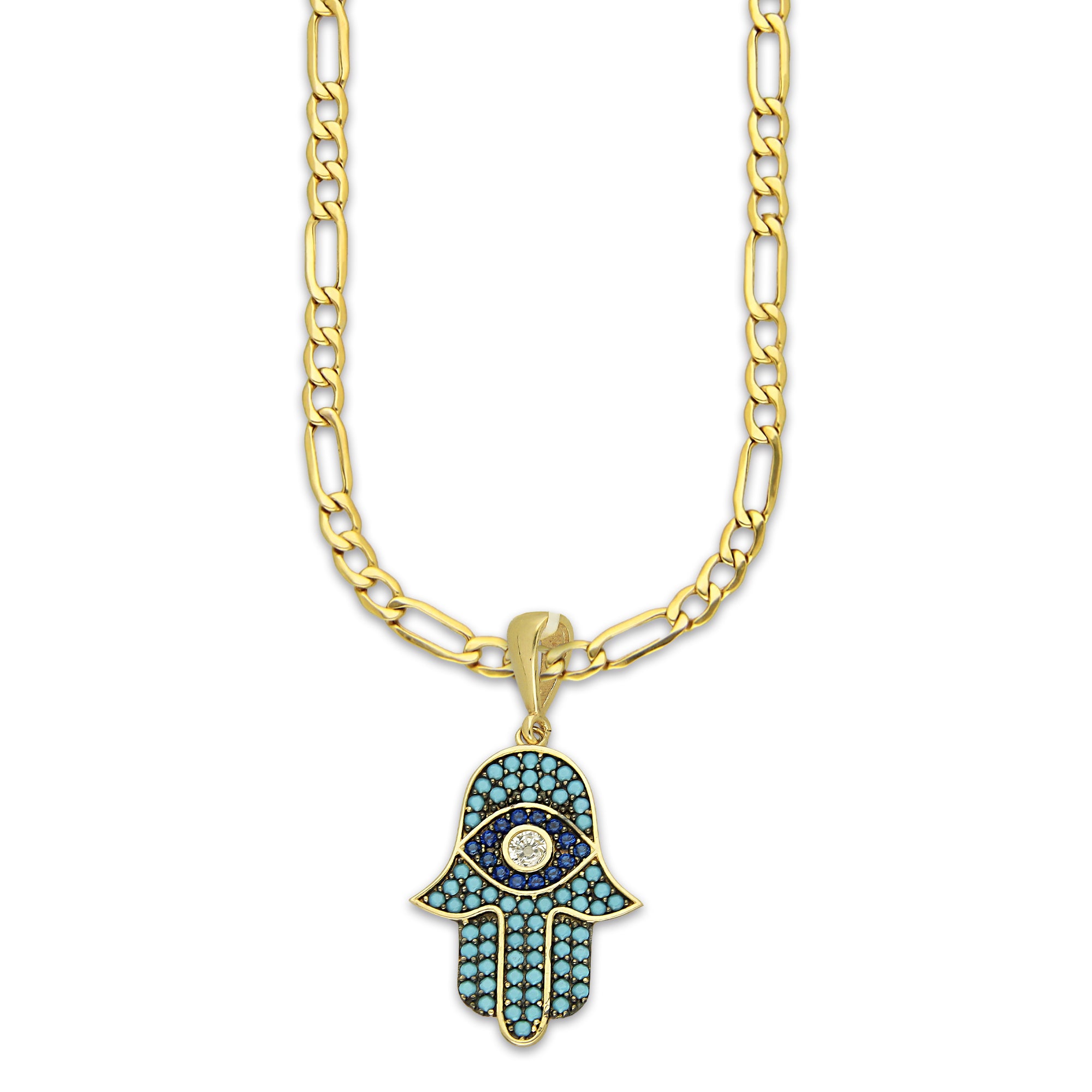 MR14DP083 Cadena Oro Sólido 10K + Dije Oro Sólido 14K EM Mano de Fatima Azul Turqueza 1.5 cm x 2.9 cm