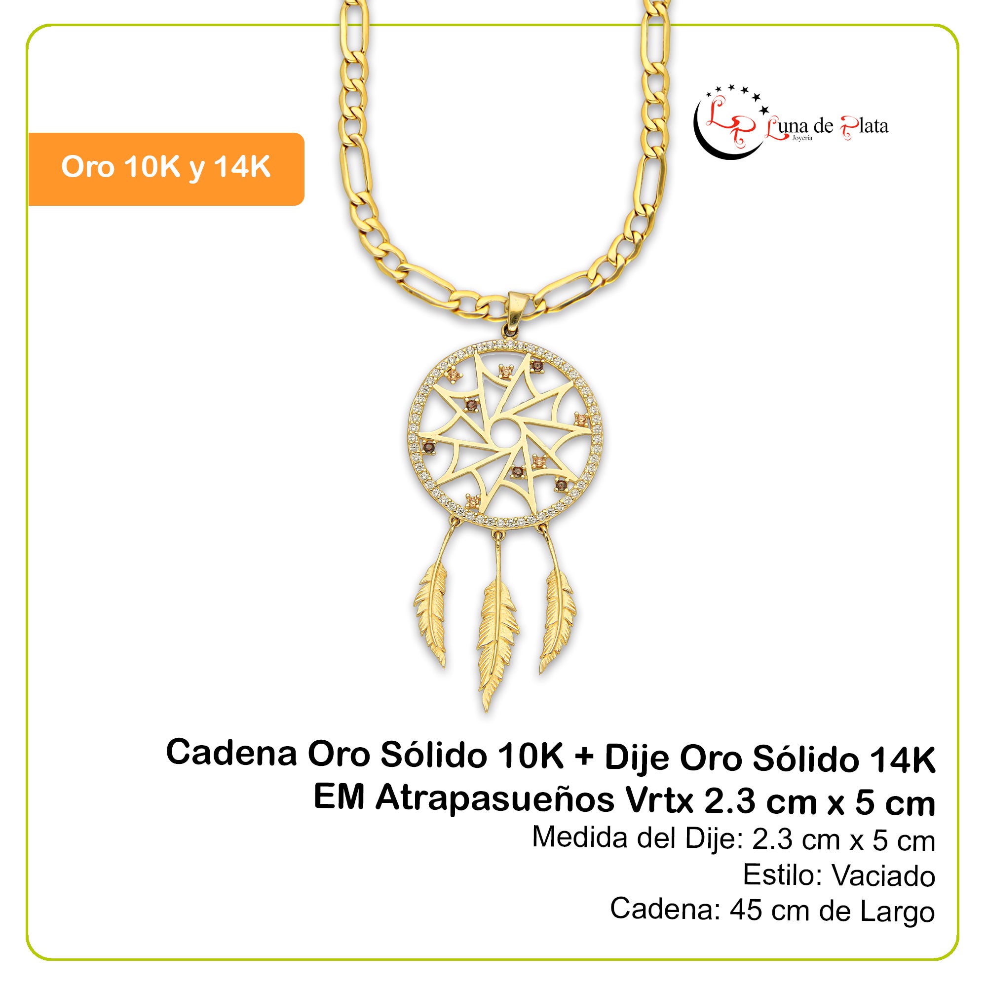 MR14DP091 Cadena Oro Sólido 10K + Dije Oro Sólido 14K EM Atrapasueños Vrtx 2.3 cm x 5 cm