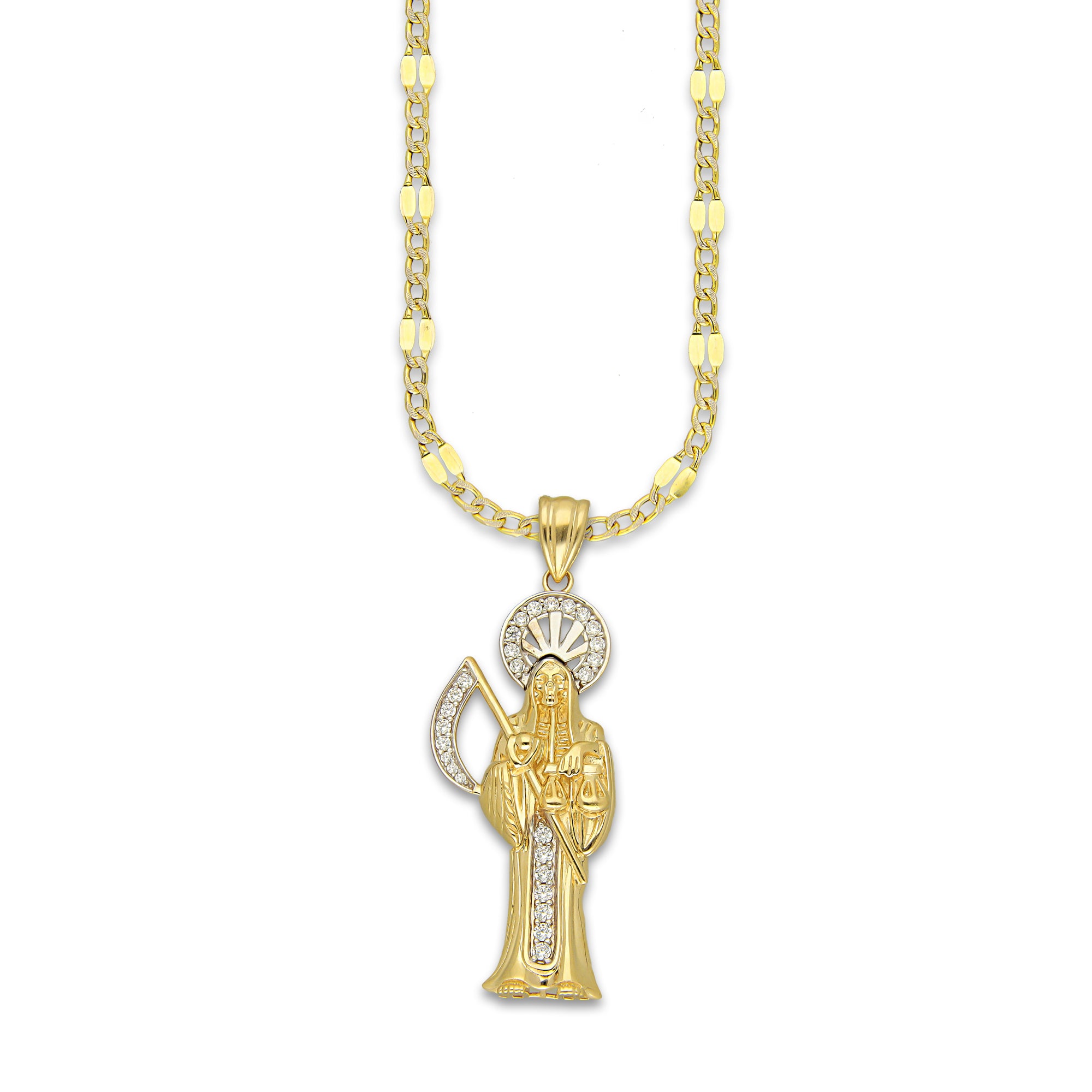 MR14DP098 Cadena Caballero Oro Sólido 10K + Dije Oro Sólido 14K EM Santa Muerte con Zirconia 1.8 cm x 5.1 cm