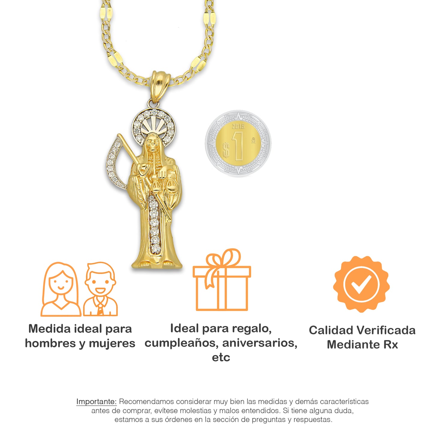 MR14DP099 Cadena Caballero Oro Sólido 10K + Dije Oro Sólido 14K EM Santa Muerte con Zirconia 2.2 cm x 6.1 cm