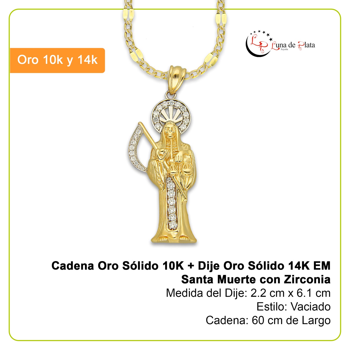 MR14DP099 Cadena Caballero Oro Sólido 10K + Dije Oro Sólido 14K EM Santa Muerte con Zirconia 2.2 cm x 6.1 cm