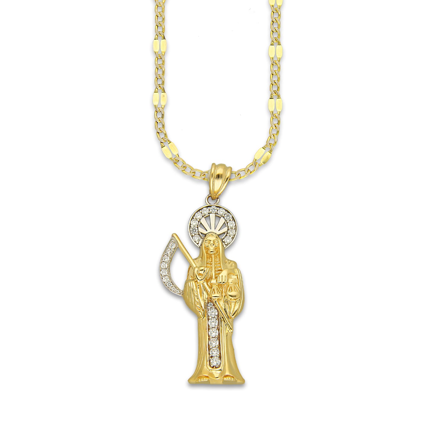 MR14DP099 Cadena Caballero Oro Sólido 10K + Dije Oro Sólido 14K EM Santa Muerte con Zirconia 2.2 cm x 6.1 cm