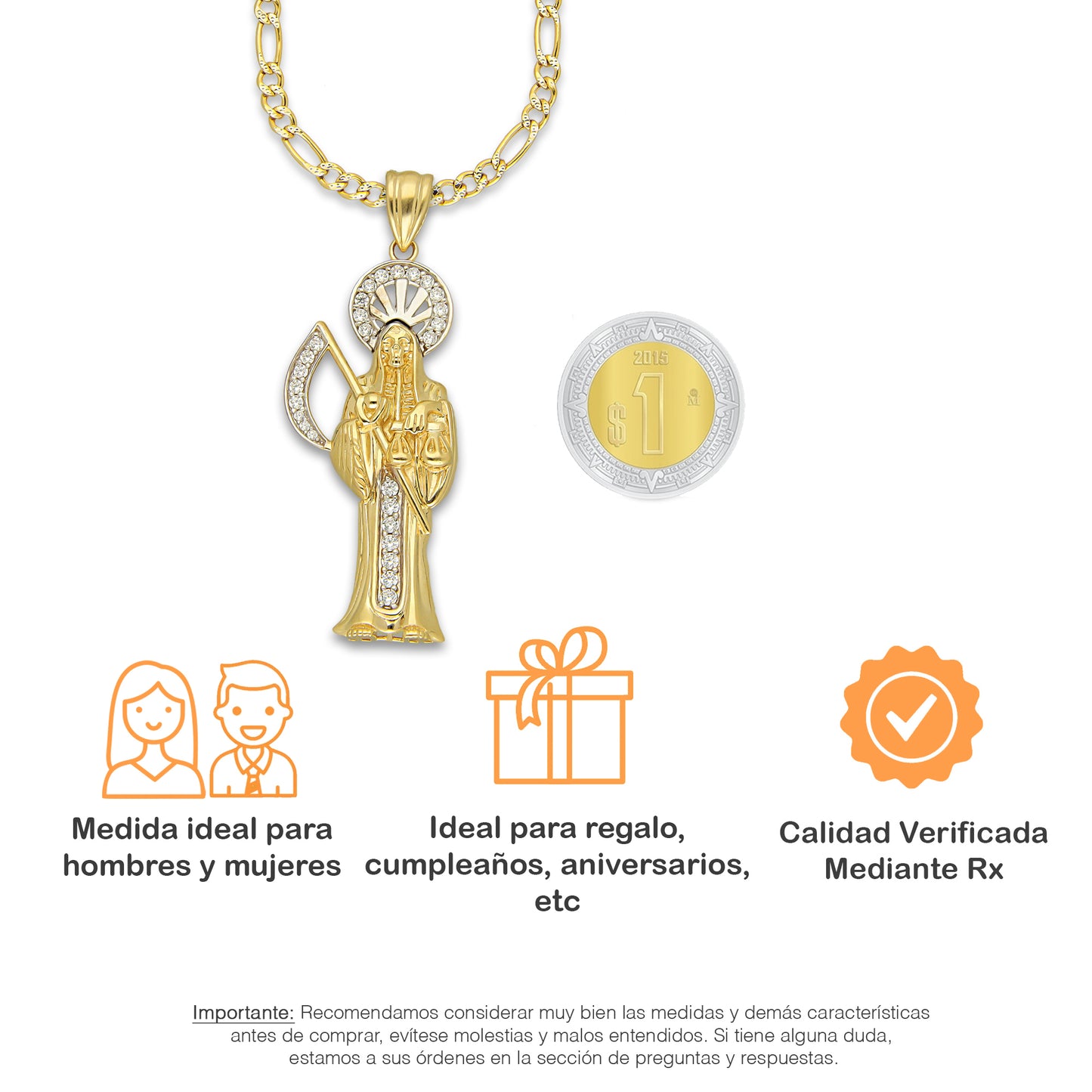 MR14DP100 Cadena Dama Oro Sólido 10K + Dije Oro Sólido 14K EM Santa Muerte con Zirconia 1.8 cm x 5.1 cm